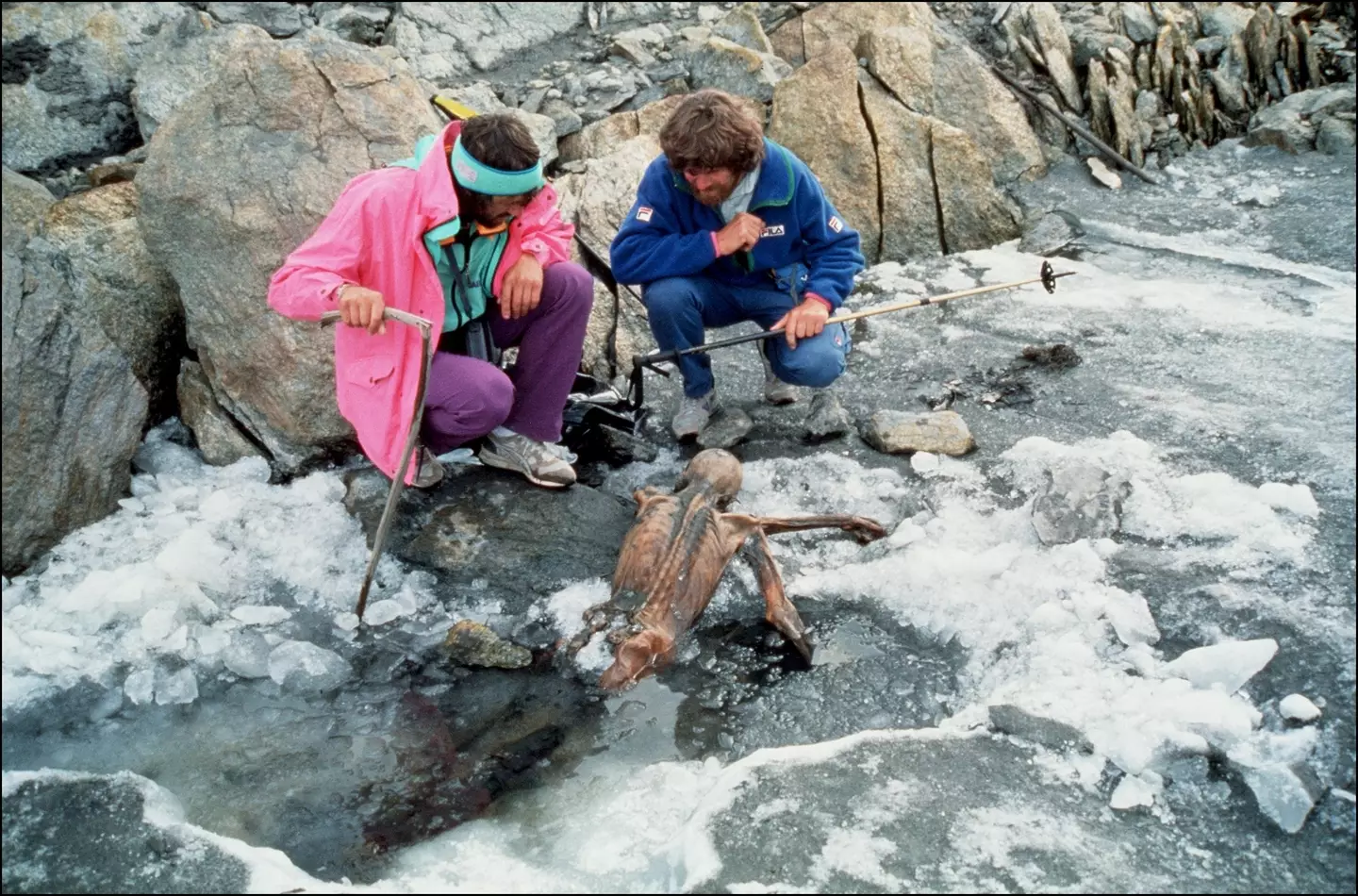 When mountain officials attempted to recover the body they found that the body was frozen in ice below the torso.