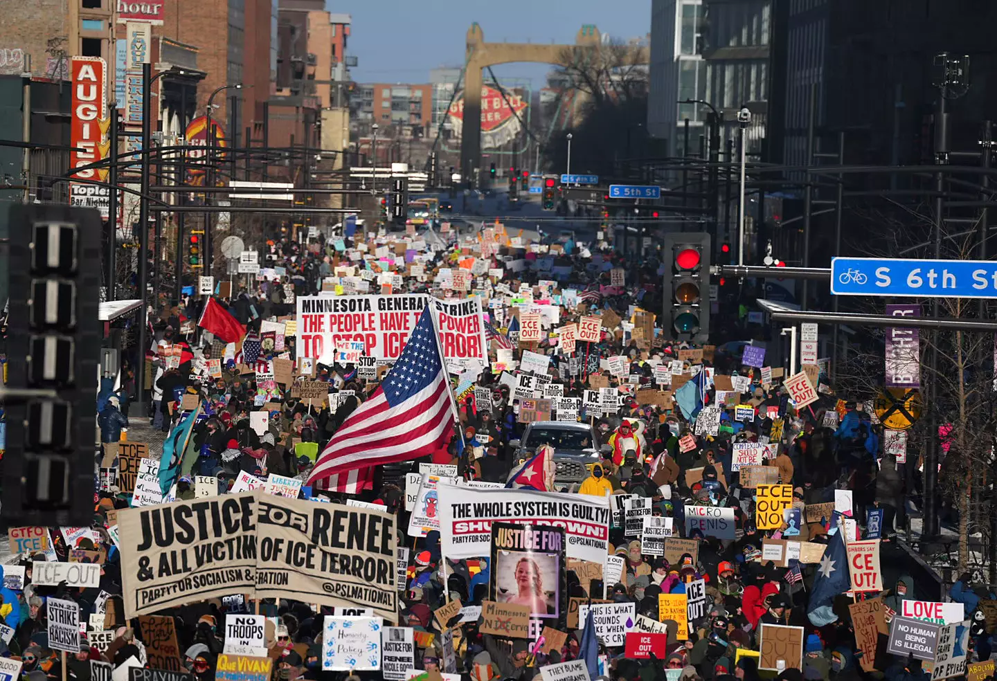 Thousands took to the street in sub-zero conditions to protest ICE's continued presence in Minneapolis (Alex Kormann/The Minnesota Star Tribune via Getty Images)