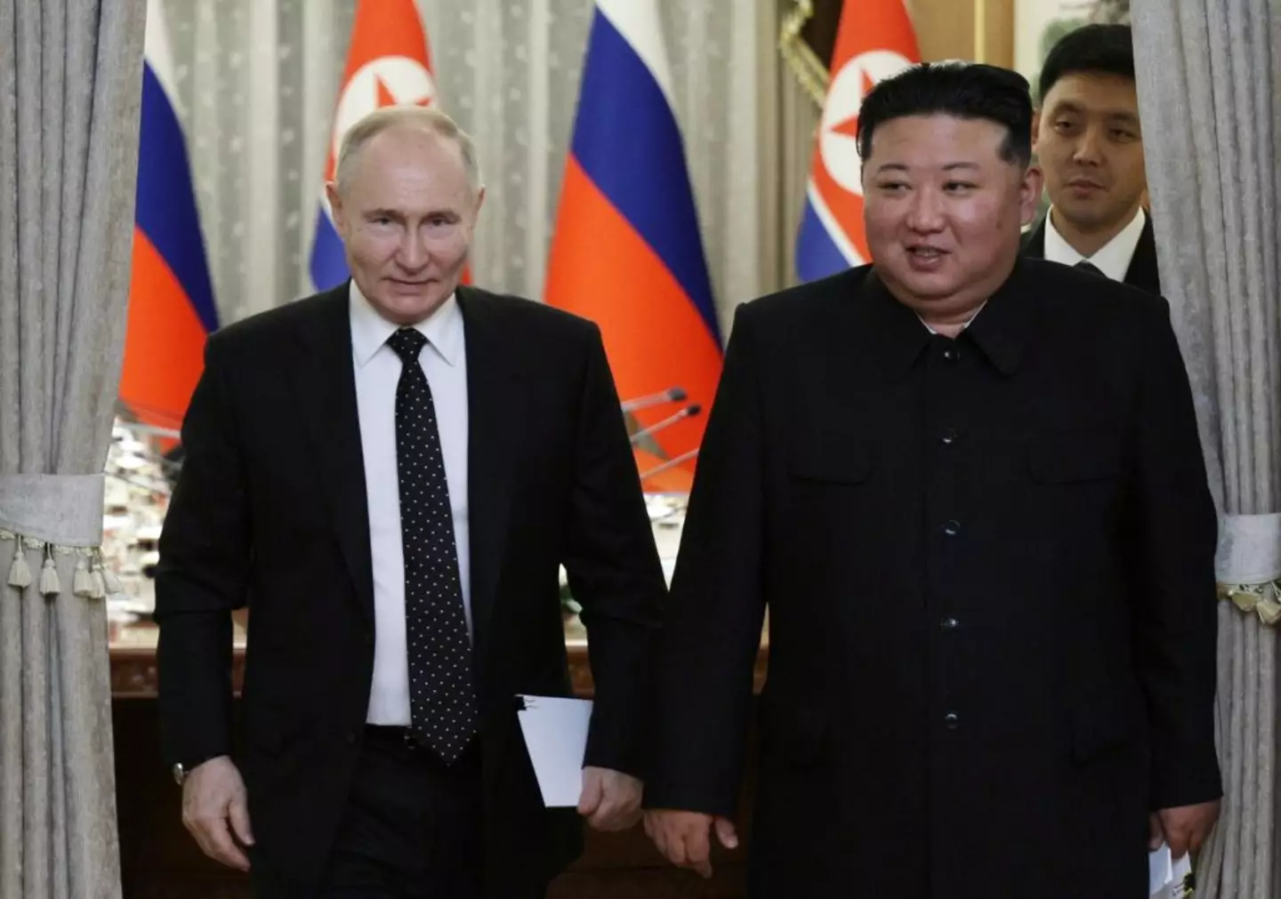 Vladimir Putin and Kim Jong Un pictured in Pyongyang in 2024 (GAVRIIL GRIGOROV/POOL/AFP via Getty Images)