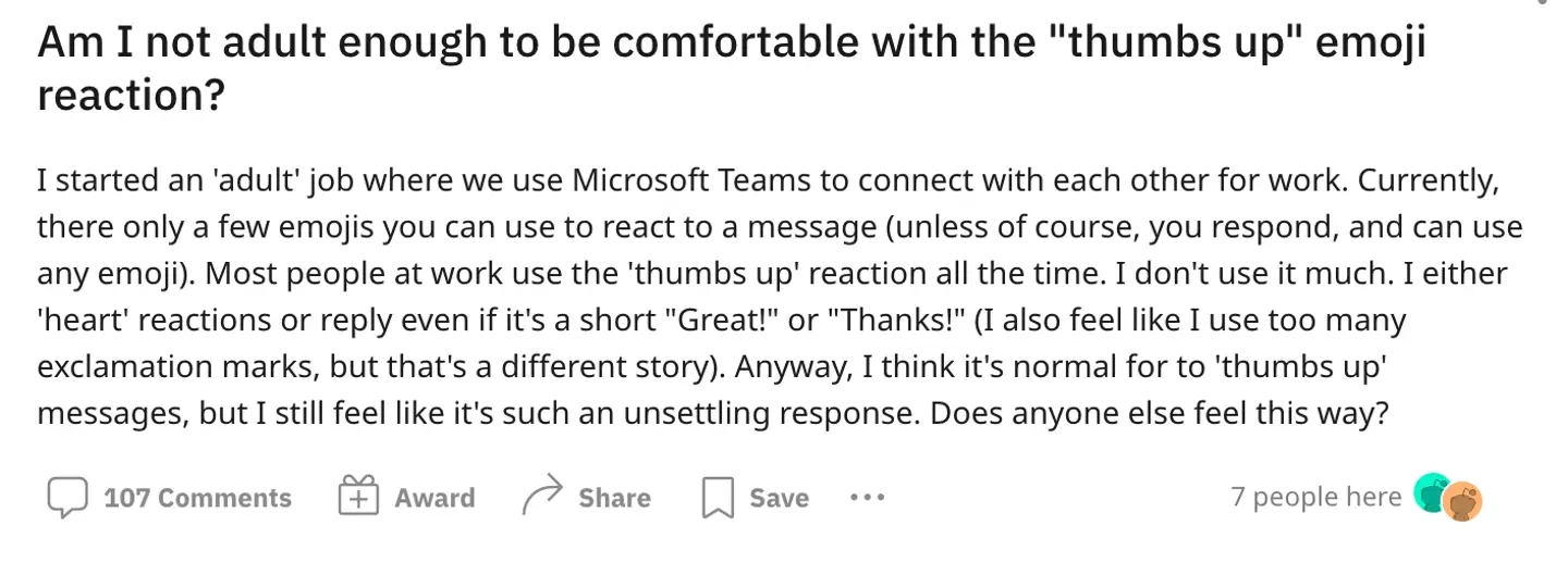 One younger worker said they didn't feel 'adult' enough to use the emoji. (Reddit)