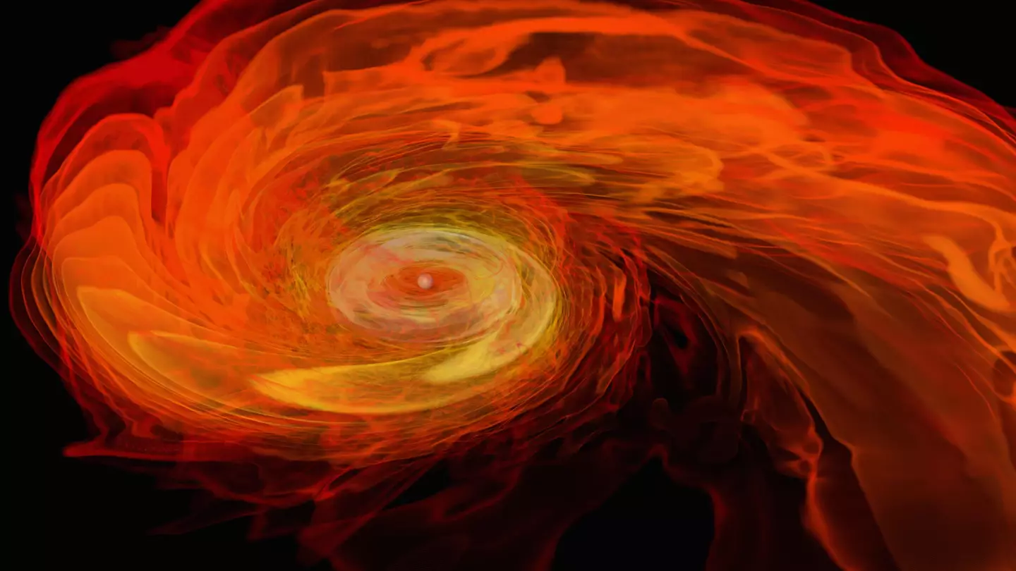 A render of neutron stars colliding to form a black hole.