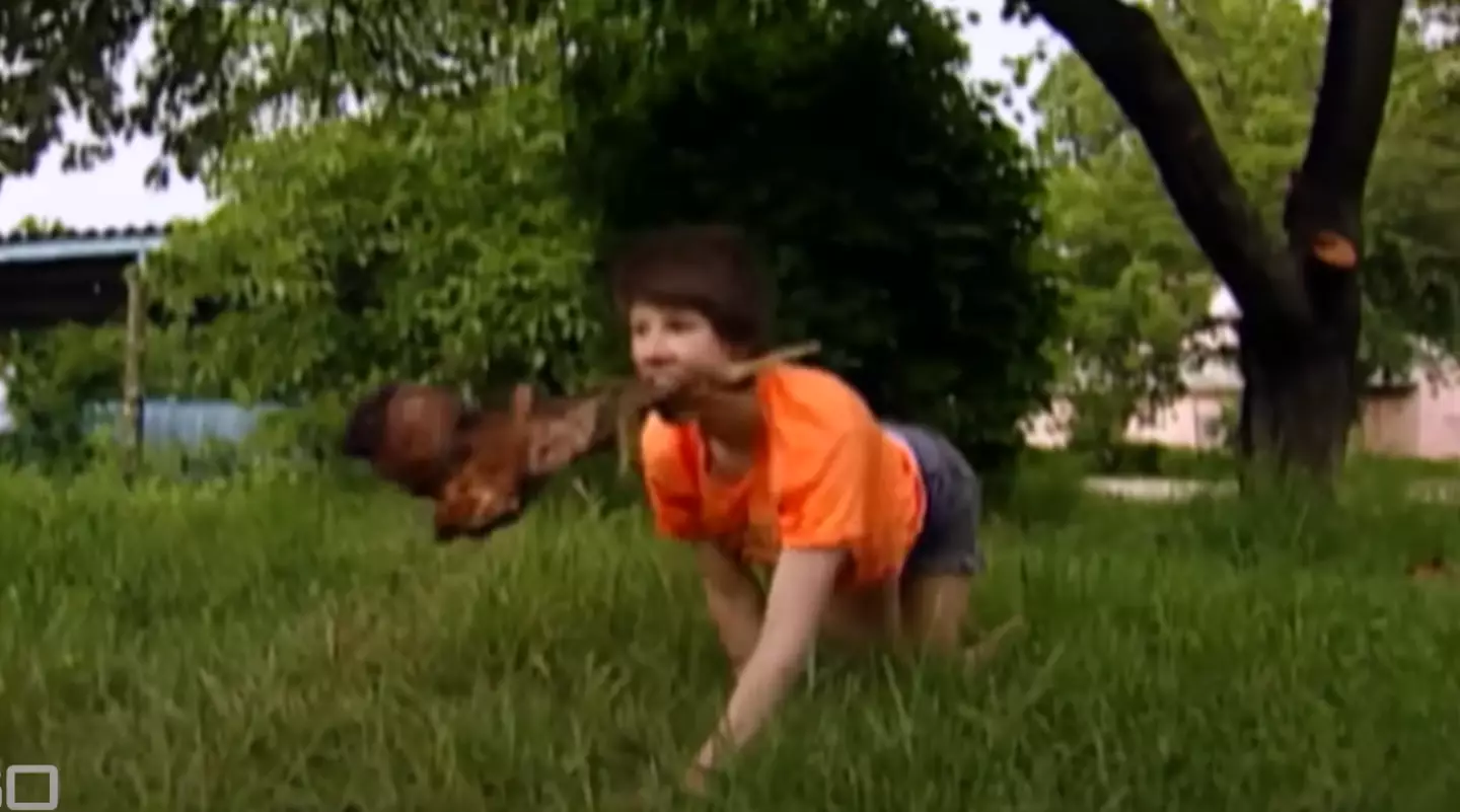 She ran on all fours like a dog.