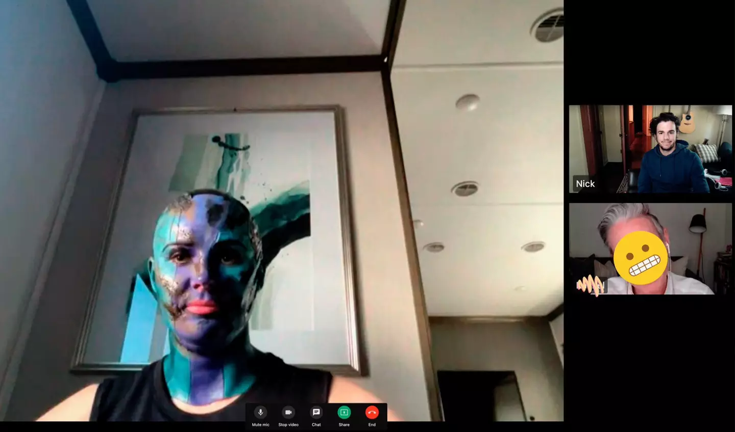Karen Gillan appeared on the Zoom call in full Nebula makeup.
