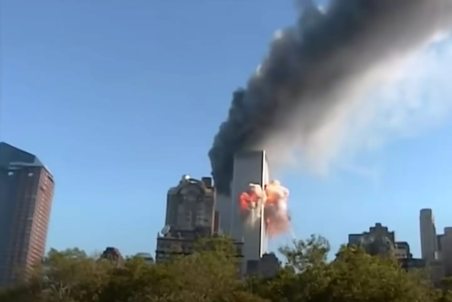 Terrifying footage shows the moment the second plane hit the World Trade Center from a new angle.