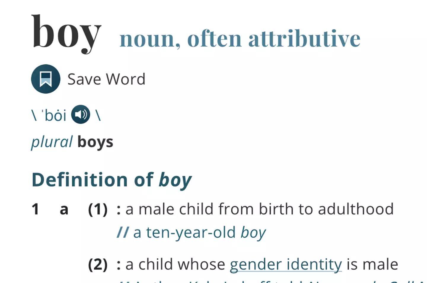 Merriam-Webster defines boy as someone whose 'whose gender identity is male'.