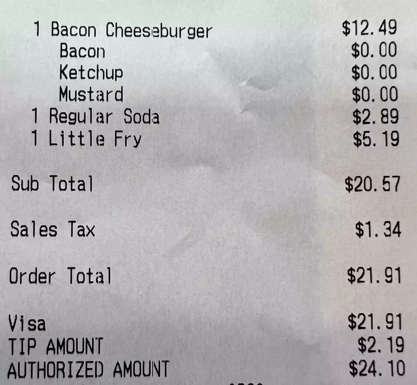 A receipt showed on social media shows just how much the burger, fries, and soda cost.