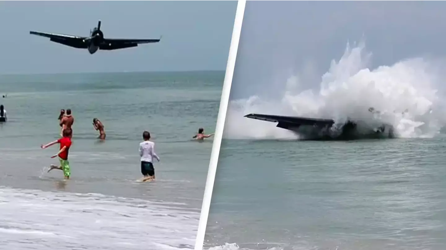 Plane crashes into sea behind woman taking maternity photos in shocking video