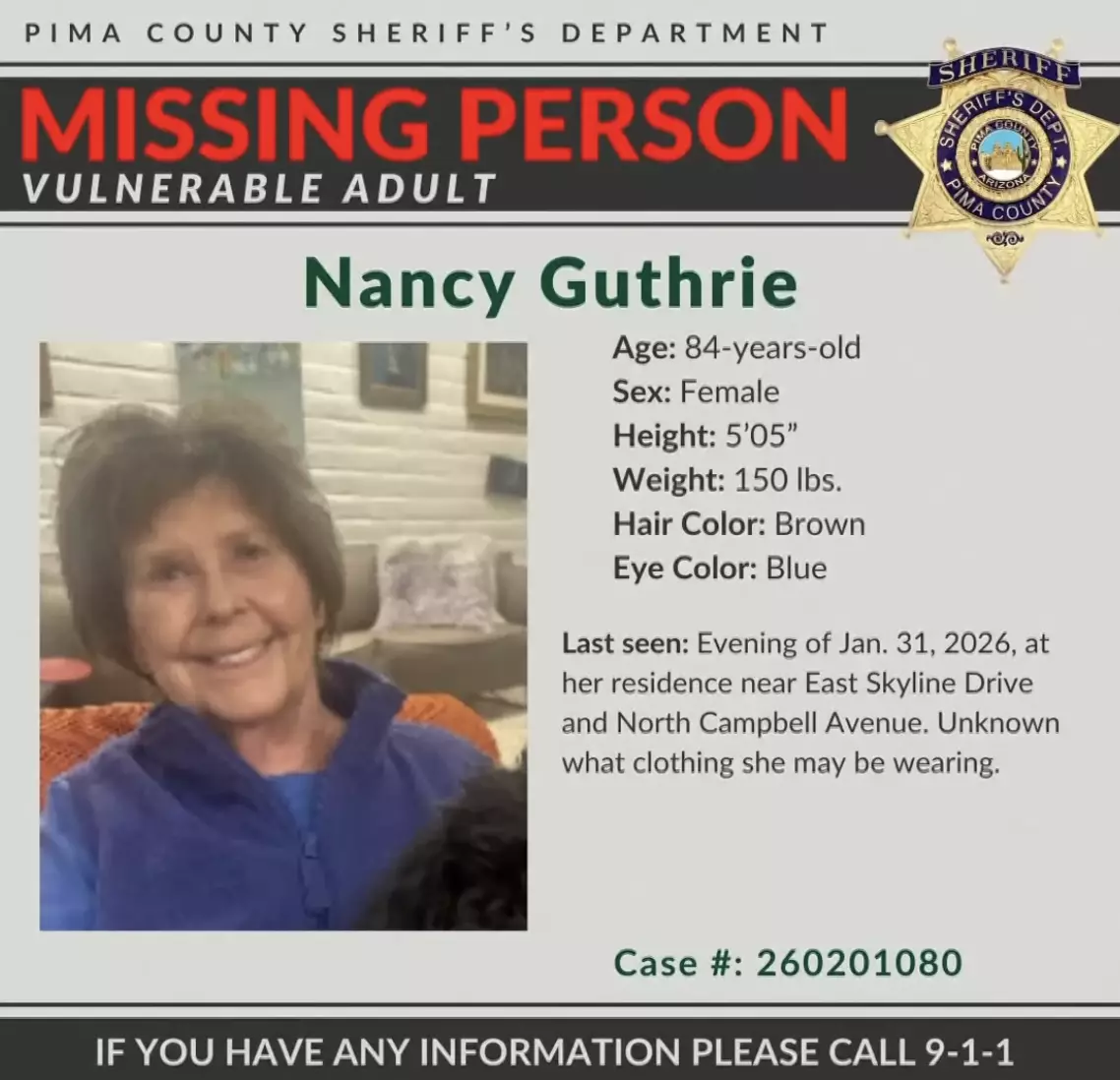 Nancy is in need of daily medication, but is of sound mind, police have said (Pima County Sheriff's Department/12 News)