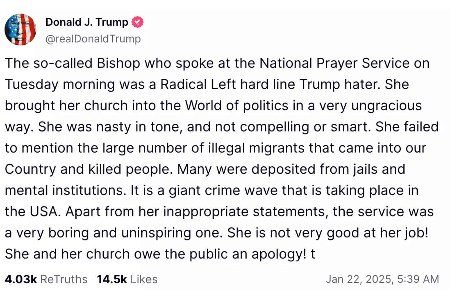 Trump demanded an apology from the bishop and church (Truth/ @realDonaldTrump)