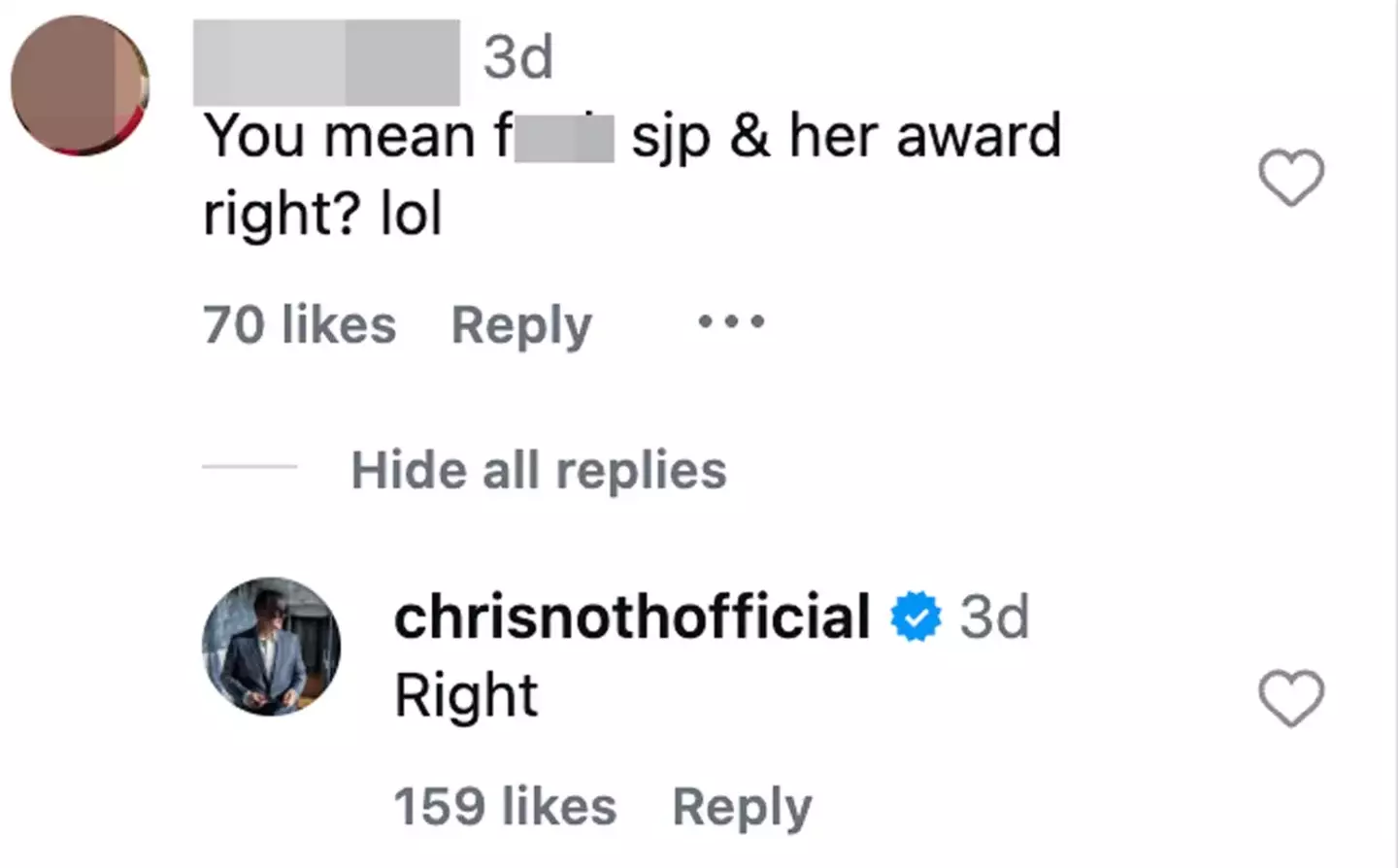 Chris Noth seemingly makes dig at Sarah Jessica Parker's Golden Globes honor (Instagram/ @chrisnothofficial)