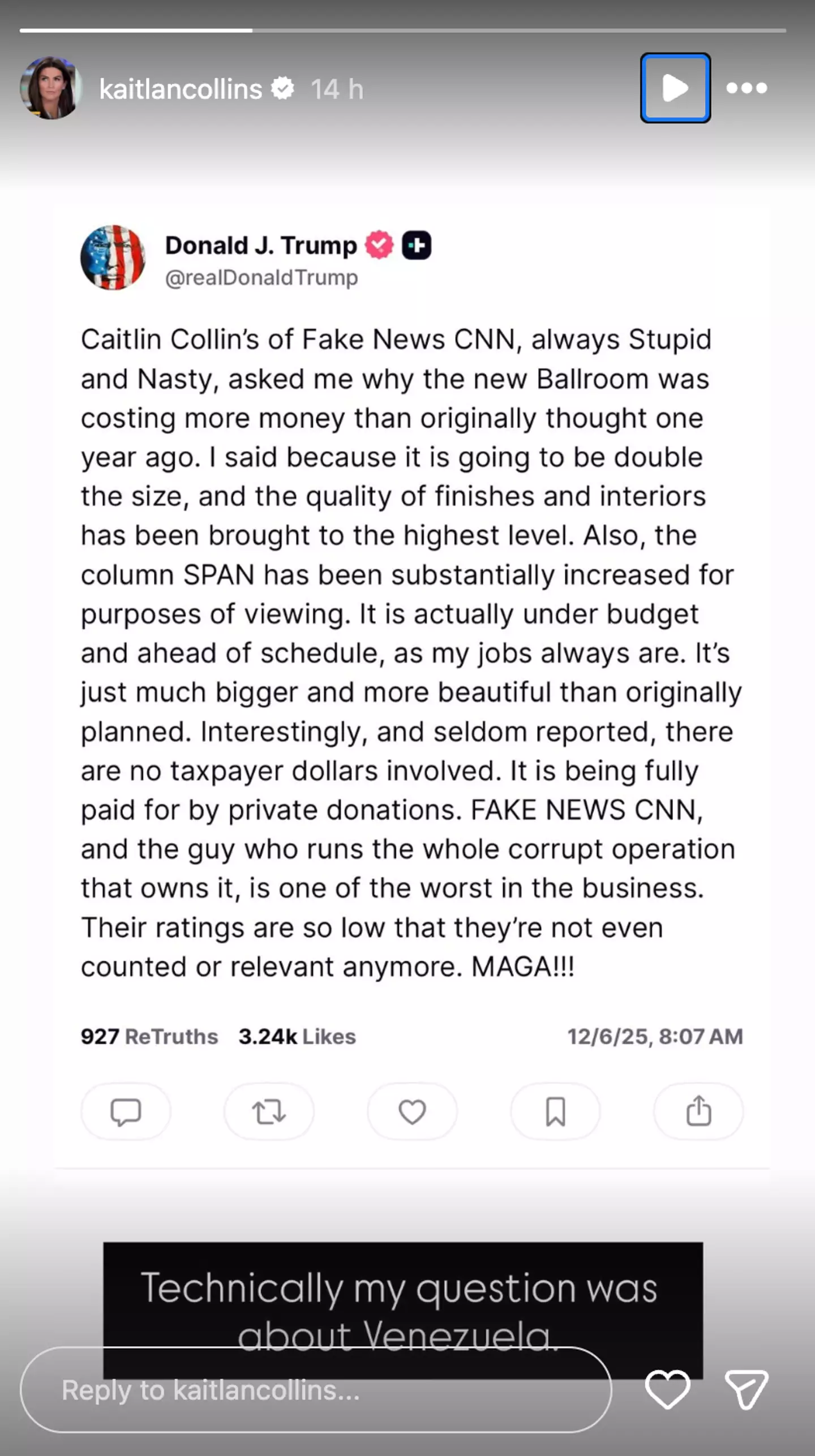 Kaitlan Collins responded to the president's rant (Instagram/@kaitlancollins)