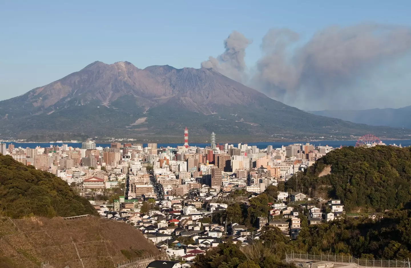 Kagoshima City, with the Sakurajima volcano in the background.