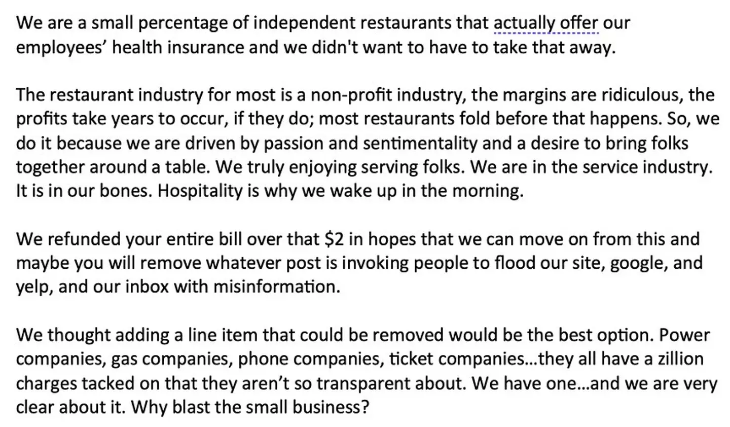 The restaurant has since spoken out about the matter on Facebook.