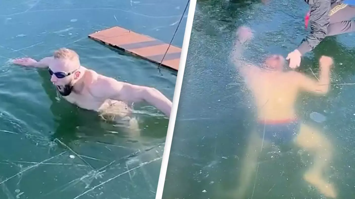 Man Swims Under Frozen Lake In Stressful Footage