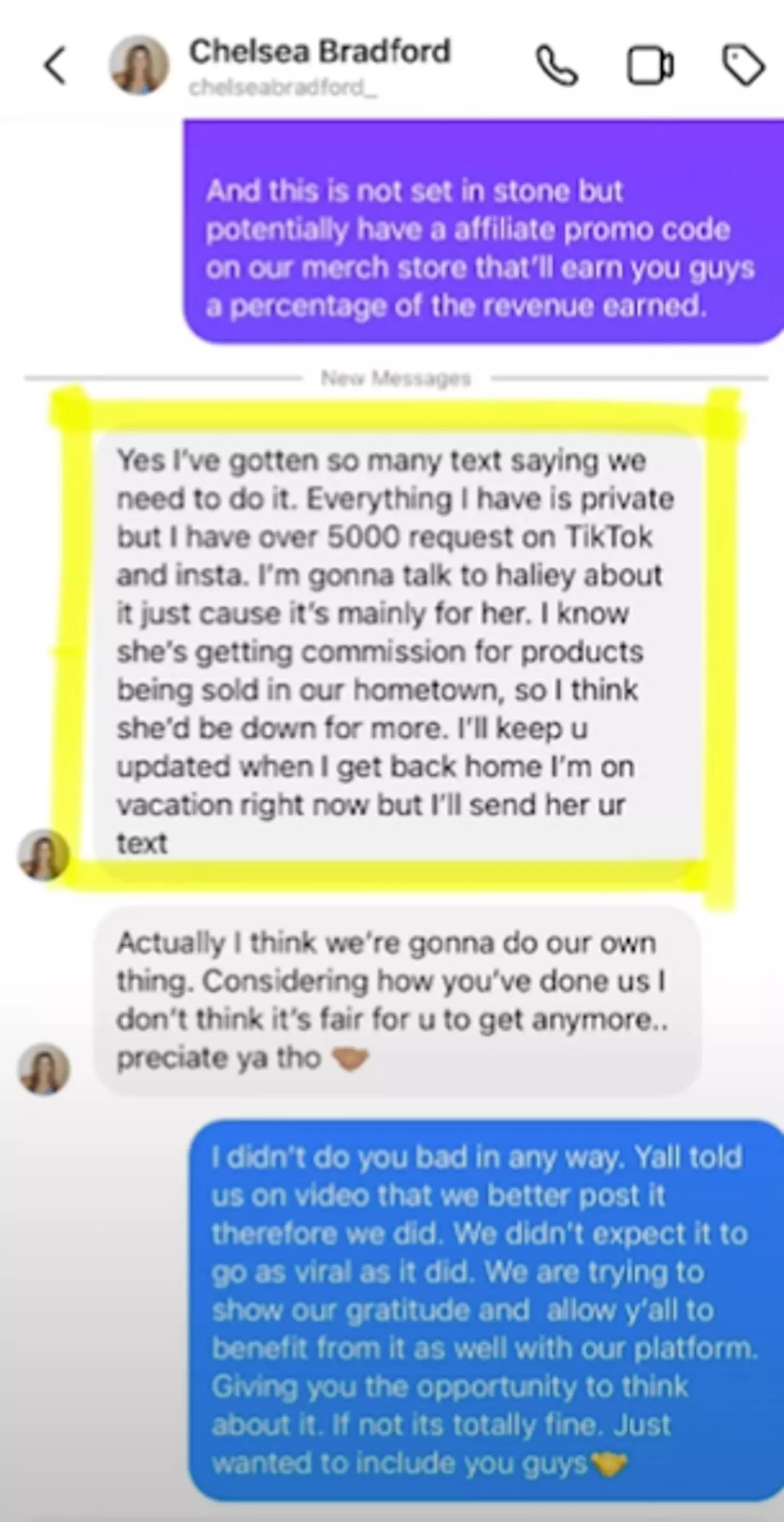 The content creators shared private DMs with Haliey's friend (YouTube/Tim and Dee TV)