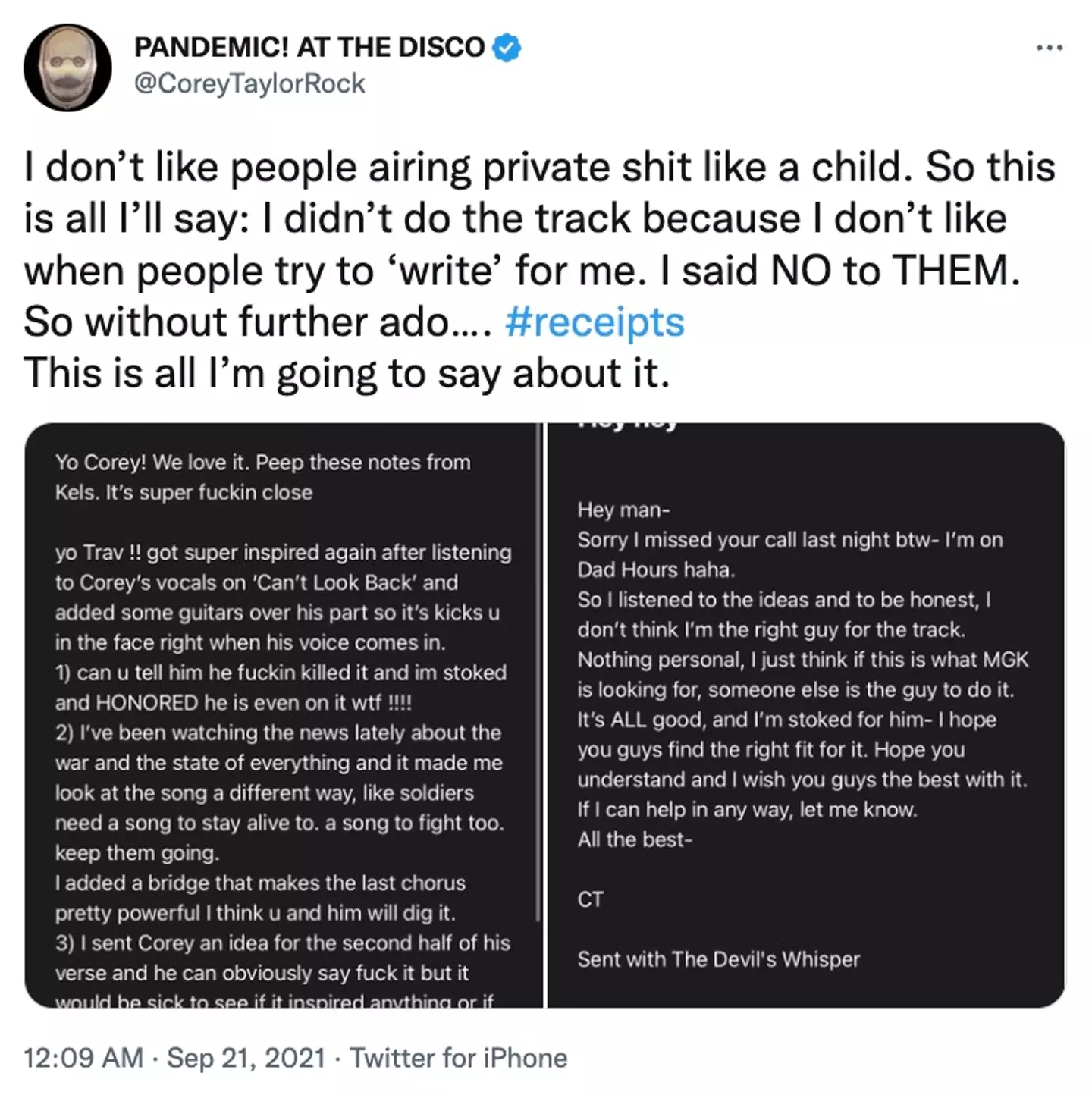 Corey Taylor hit back at MGK with the receipts.