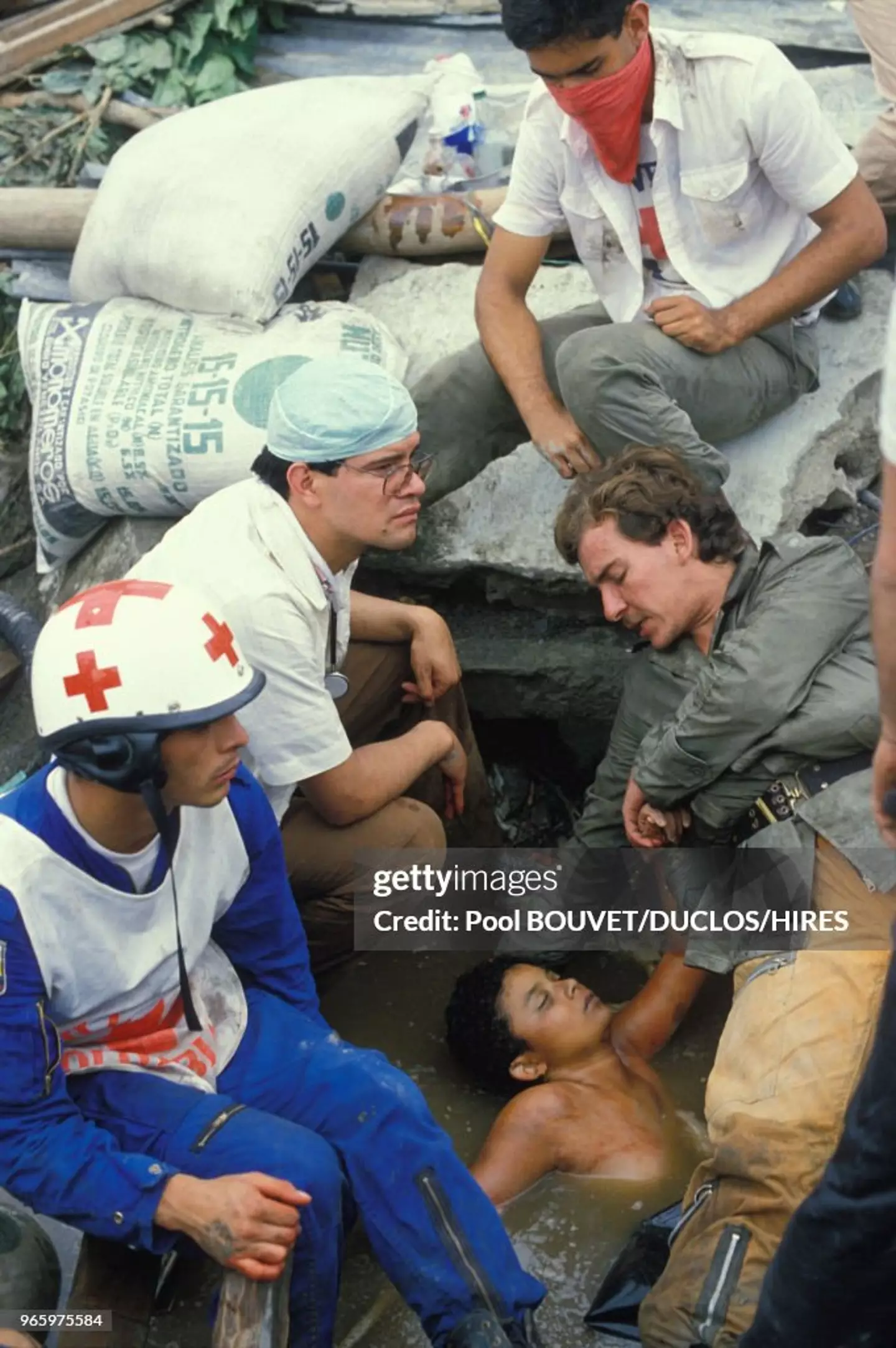 Omayra died three days after becoming trapped under the roof of her own home following the volcanic eruption. (Pool BOUVET/DUCLOS/HIRES/Gamma-Rapho via Getty Images)