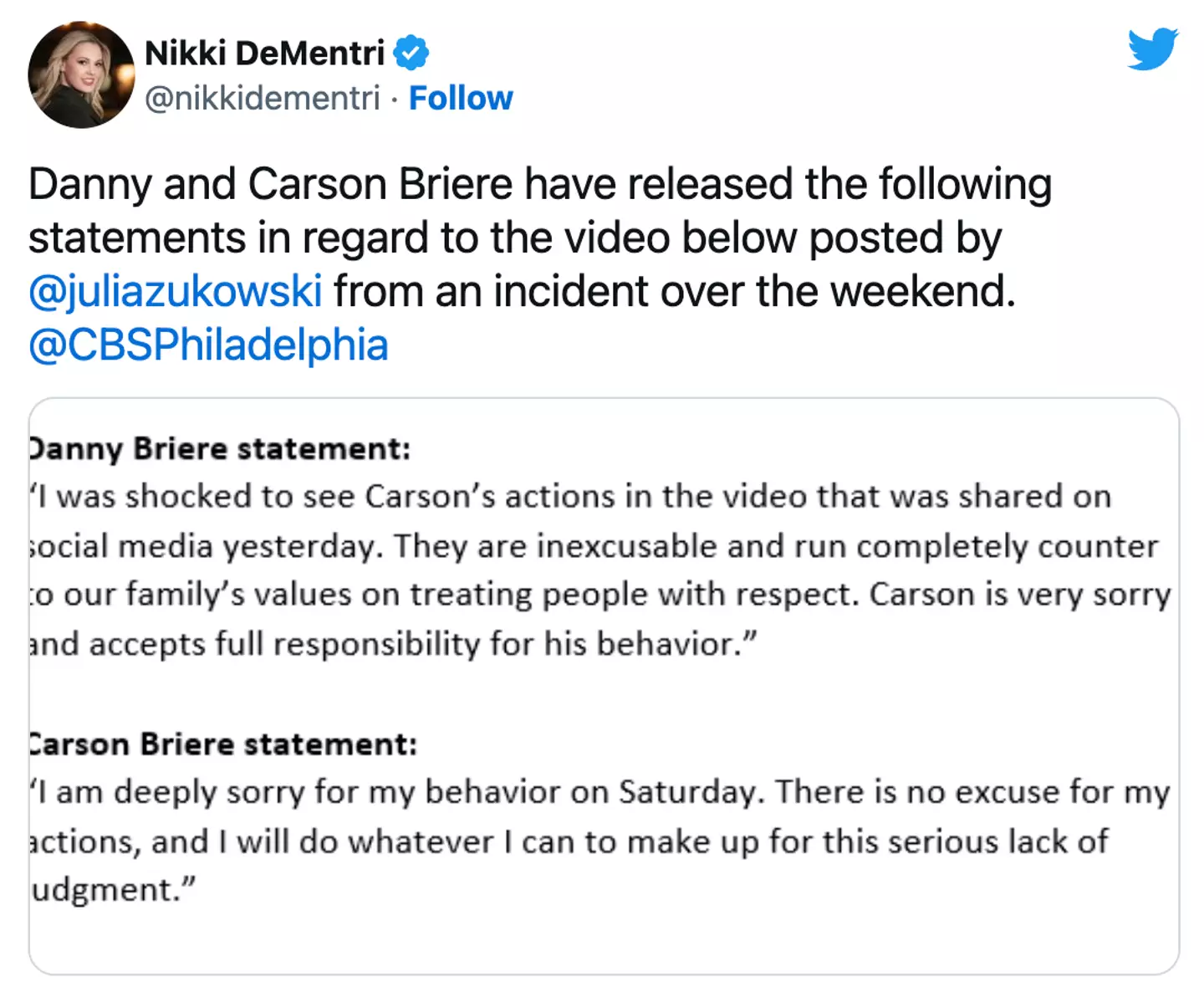Briere commented on his actions in a statement.