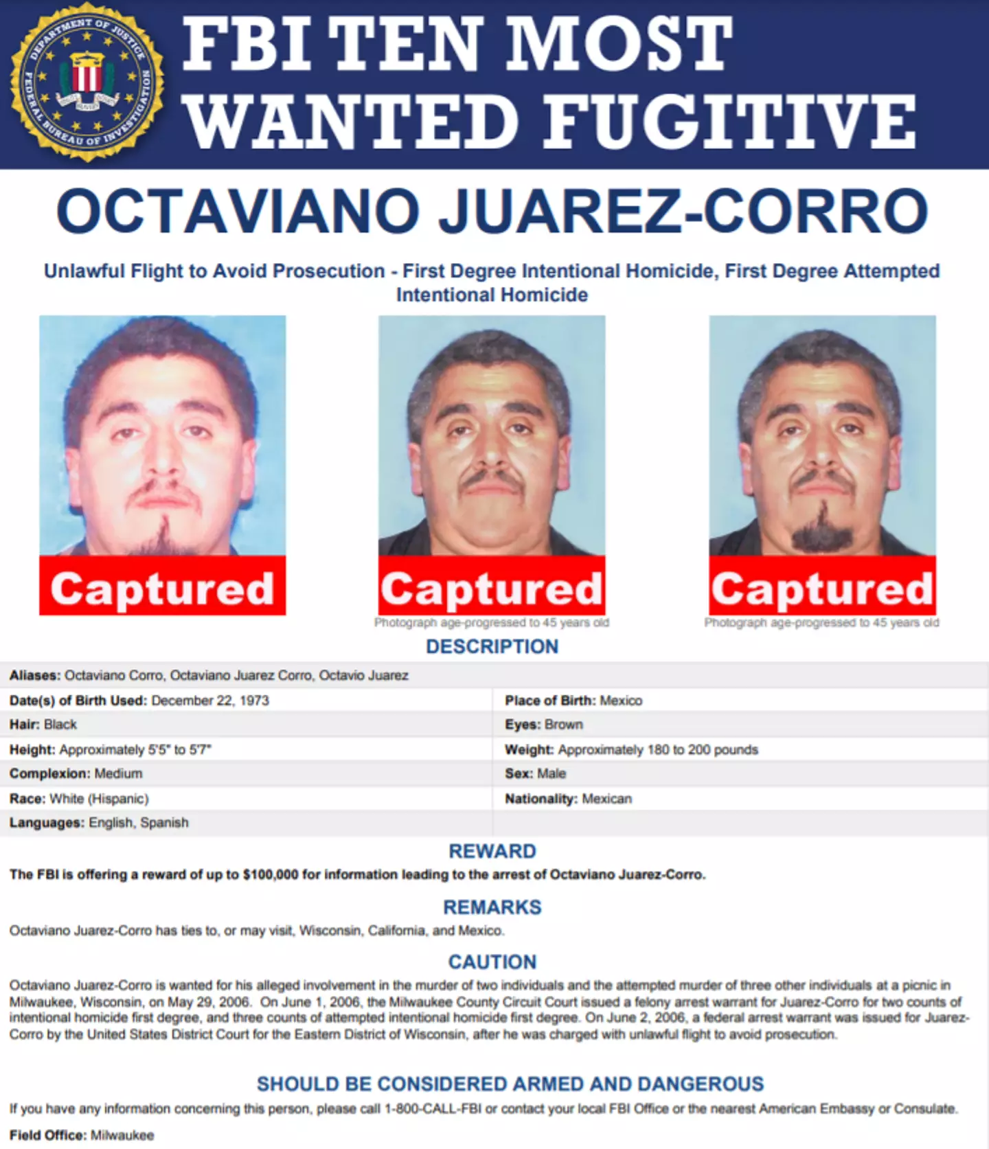 Octaviano Juarez-Corro's wanted poster. (FBI)