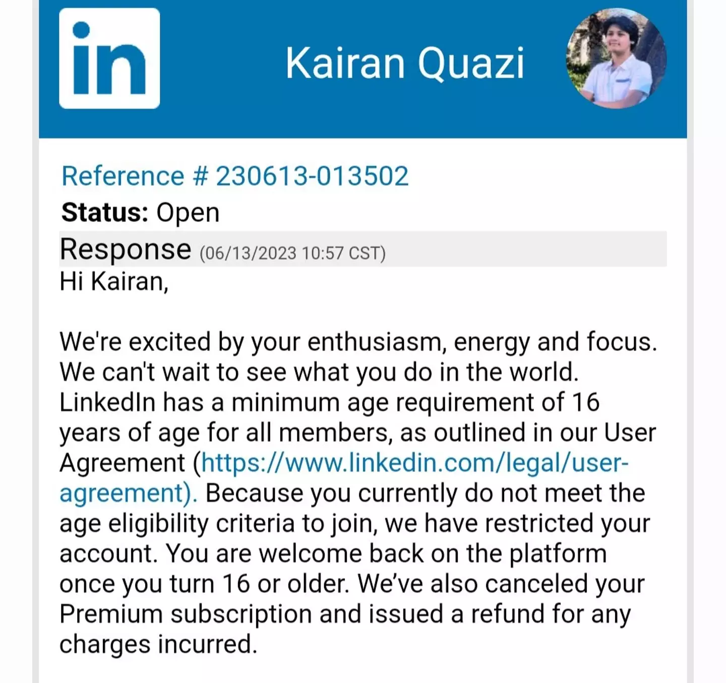 Kairan Quazi got this message from LinkedIn.
