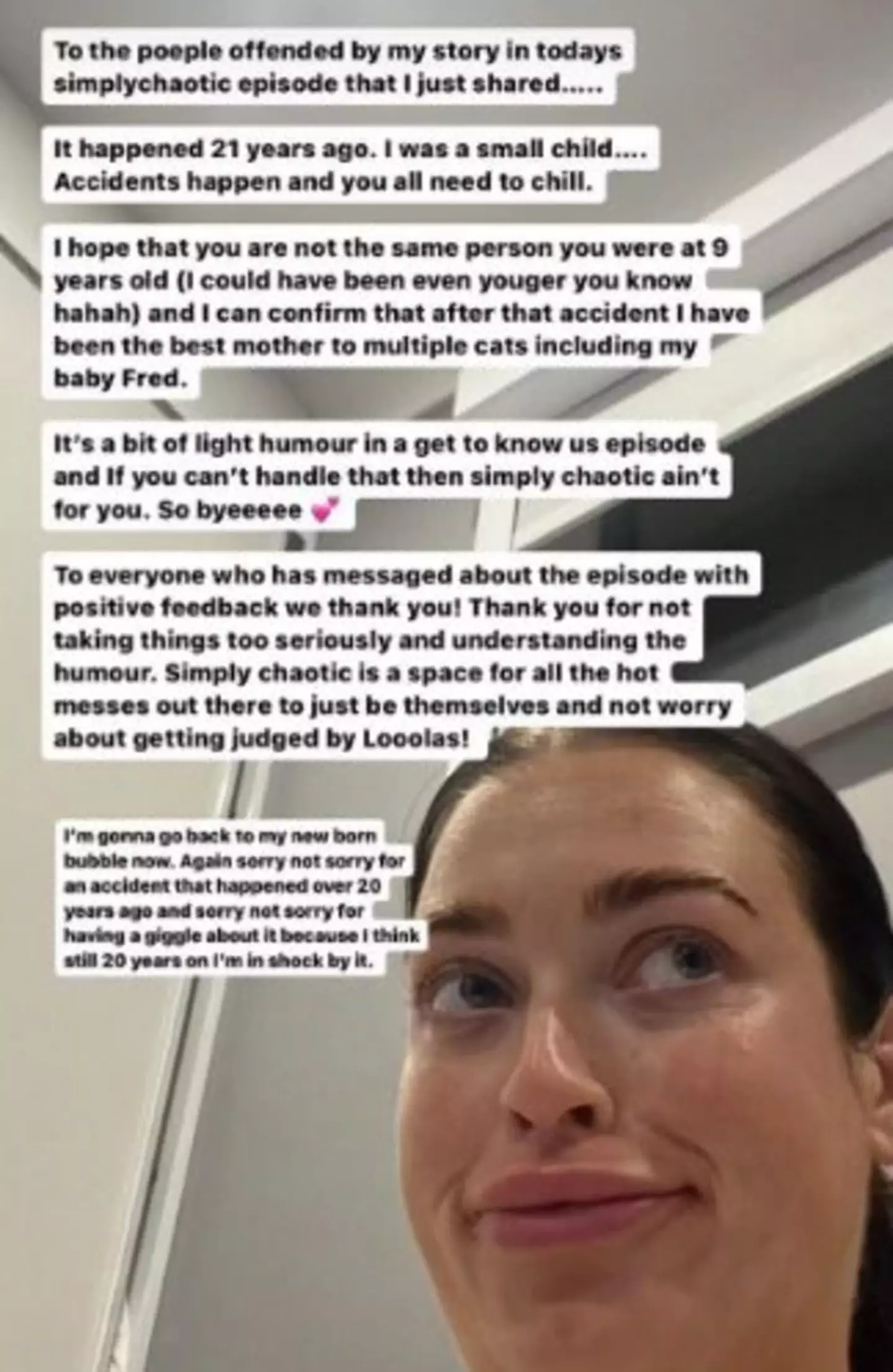 The influencer's first post told people they 'all need to chill' after what she said on the podcast.