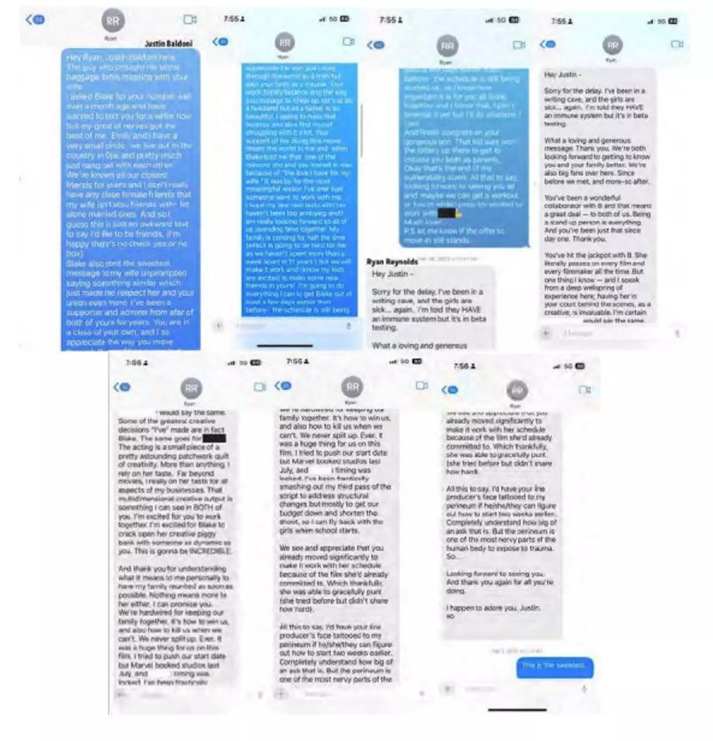 Screenshots of texts allegedly from Ryan Reynolds on Baldoni's website