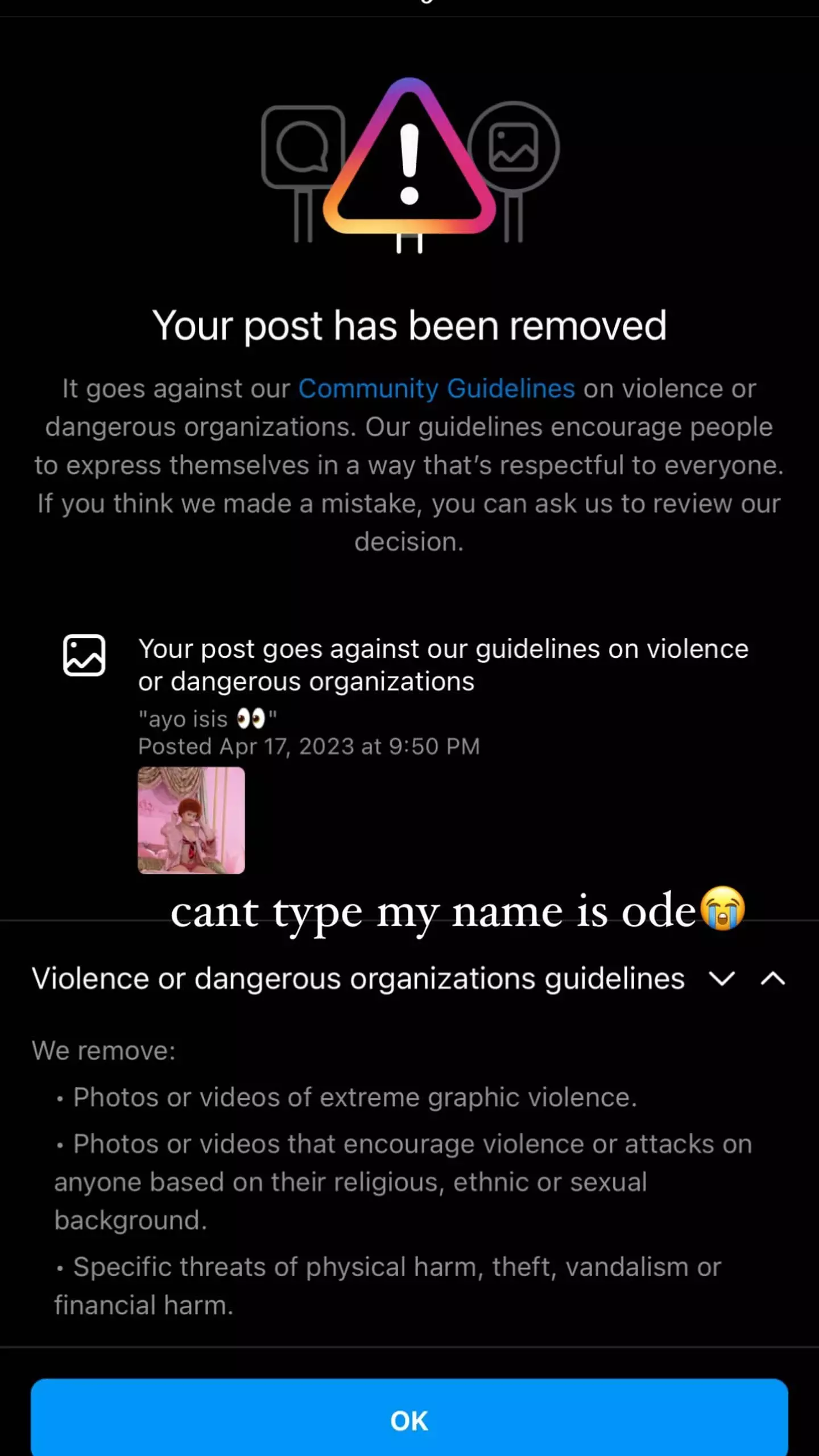 The rapper has claimed her real name was removed from Instagram for 'going against their community guidelines'.