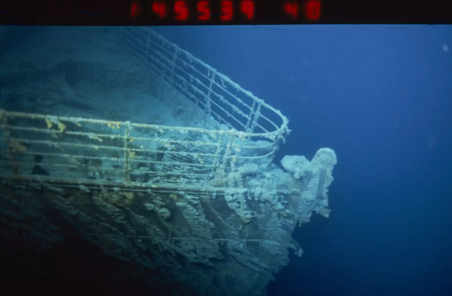 The bow of Titanic at the bottom of the Atlantic Ocean.