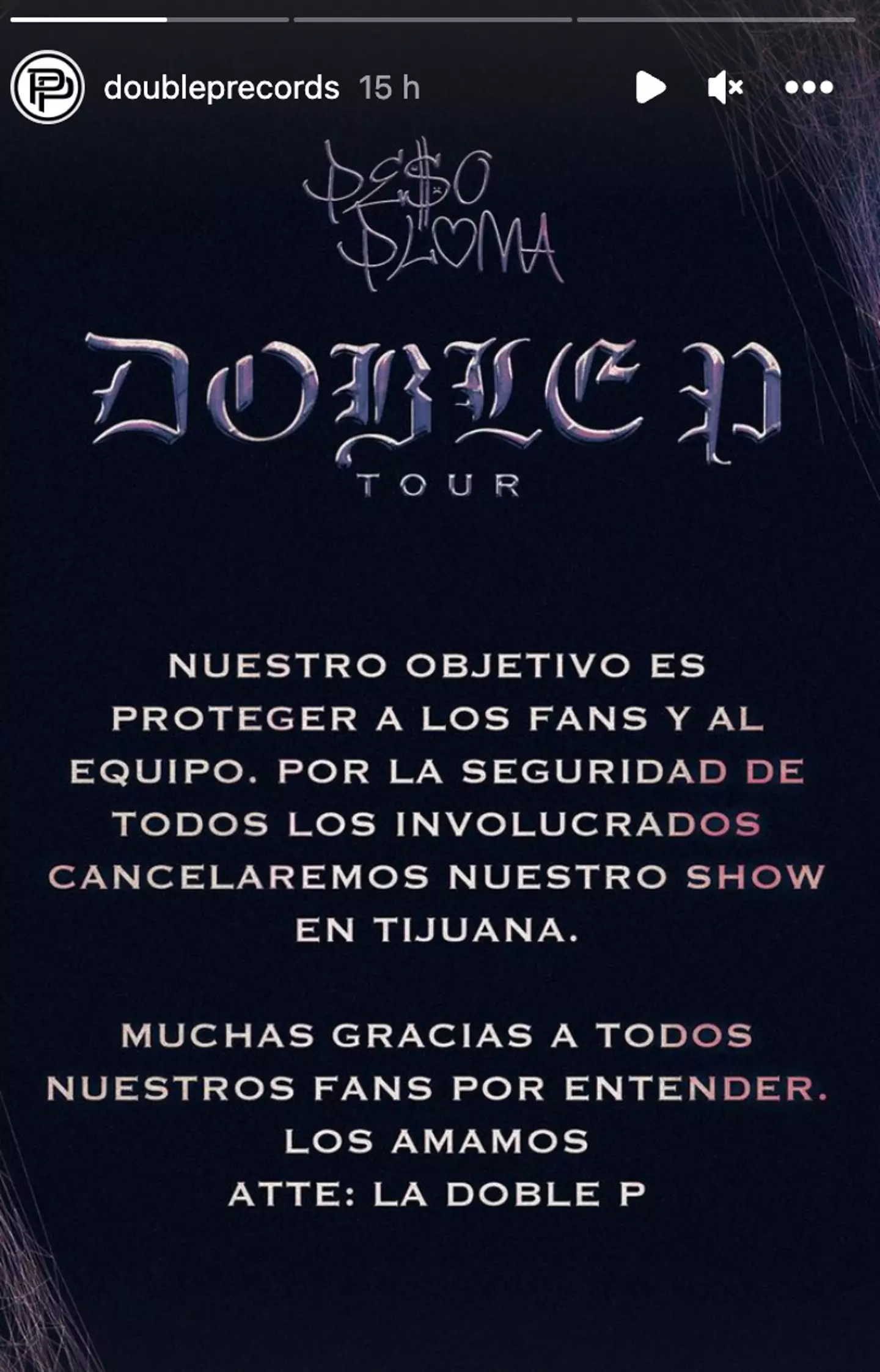 Pluma was meant to perform in Tijuana on 14 October.