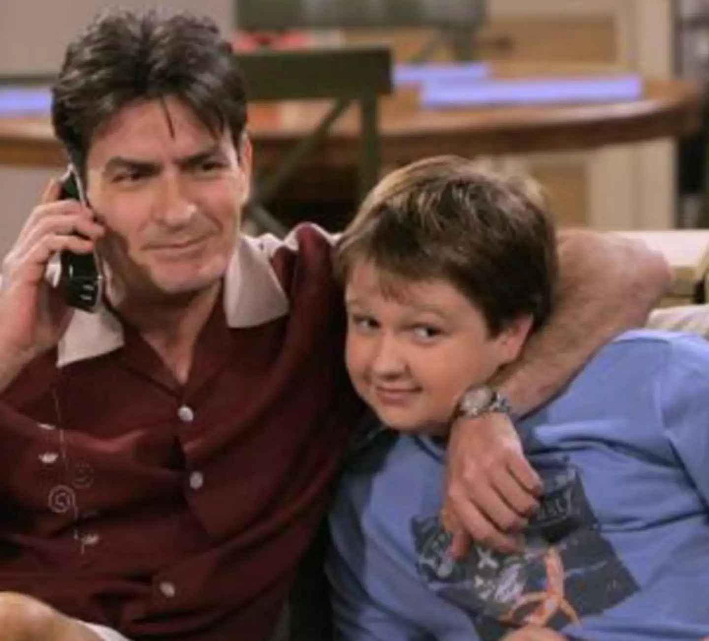 Charlie Sheen and Angus T Jones in Two and a Half Men.