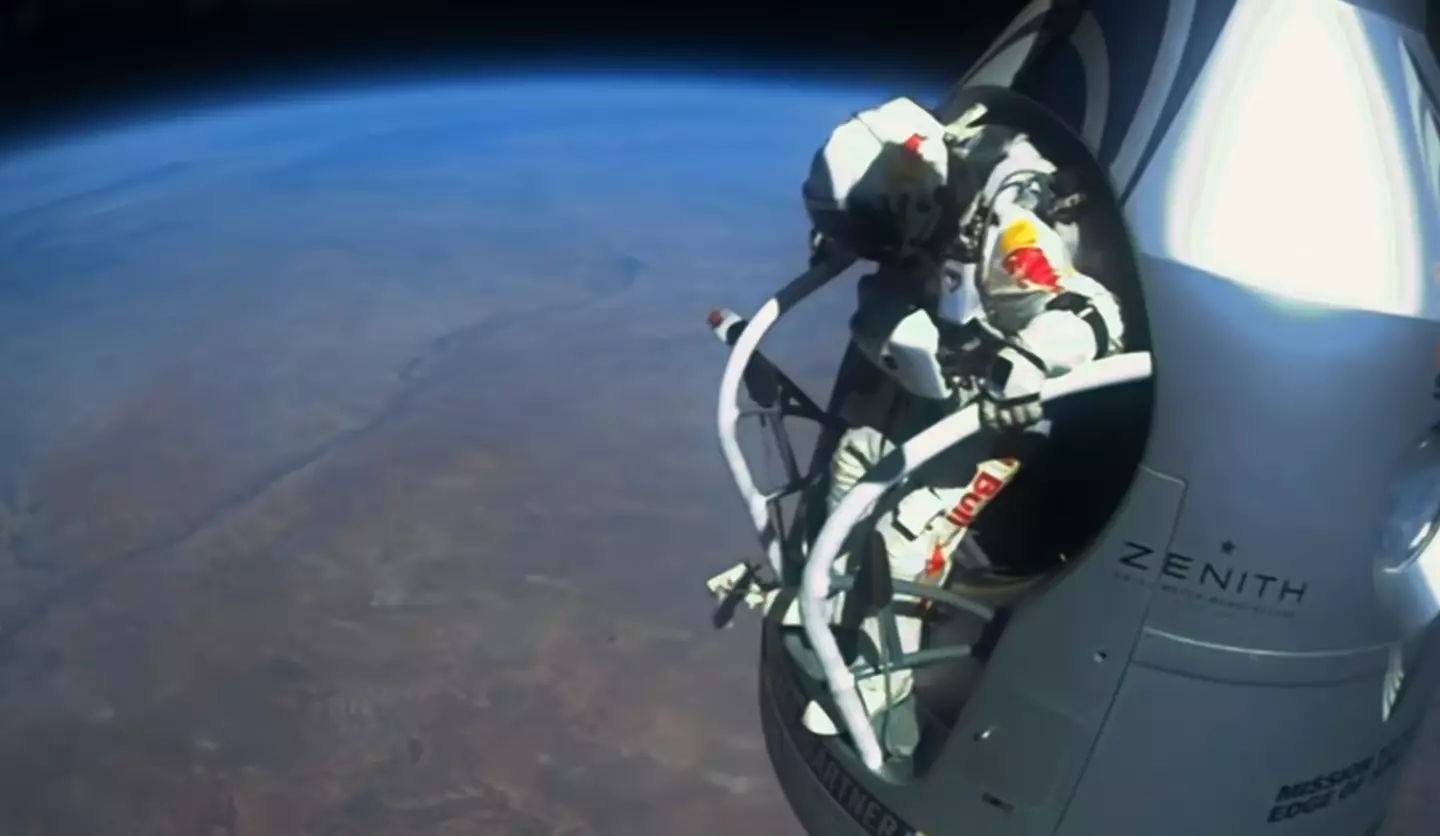 Felix Baumgartner traveled to 38,969.3 meters to the edge of space and jumped (YouTube/Red Bull)