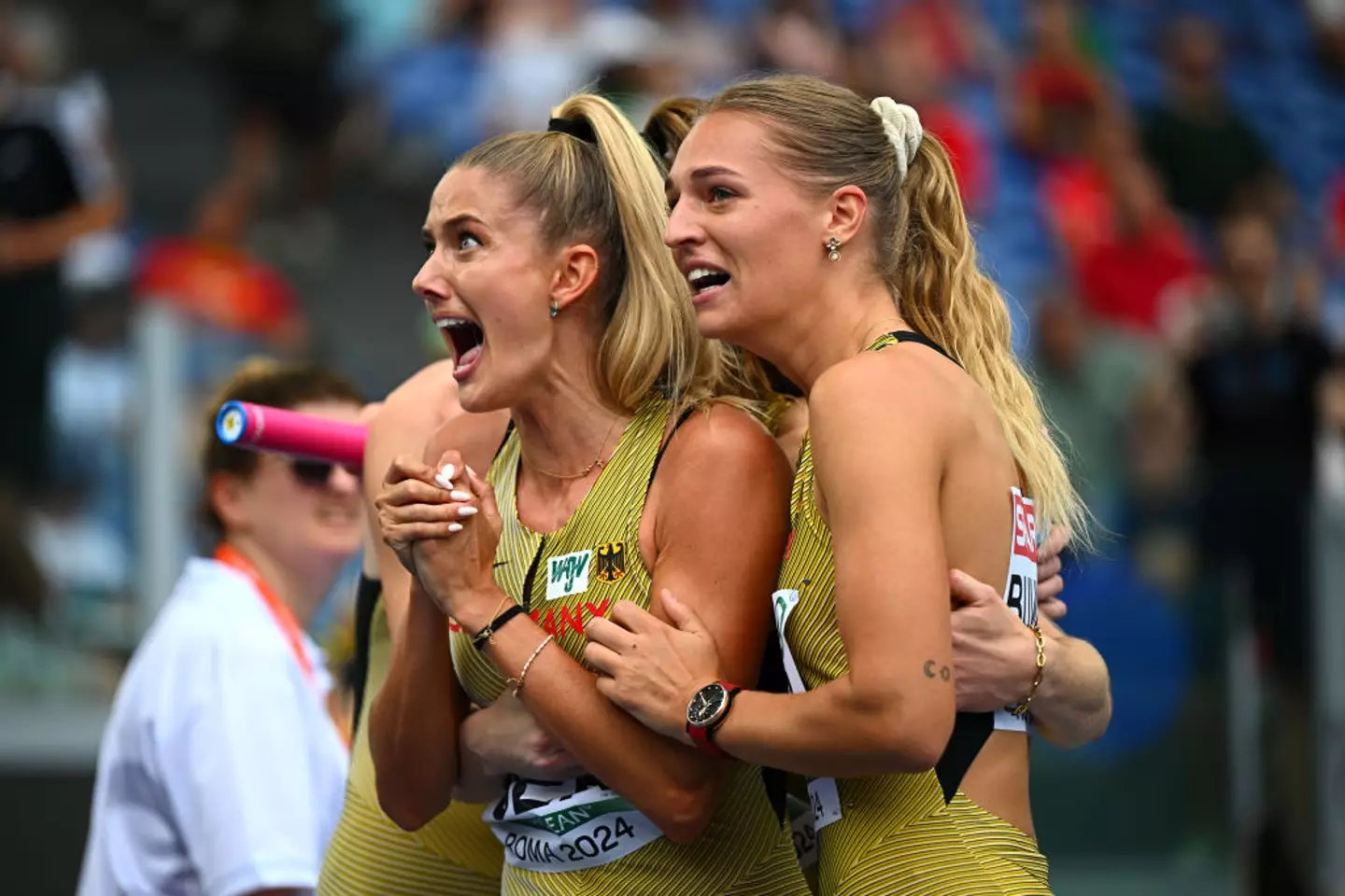 Alica Schmidt and Luna Bulmahn of Team Germany react to the result of the Women's 4x400m heats at the European Athletics Championships in June. (Mattia Ozbot/Getty Images for European Athletics)