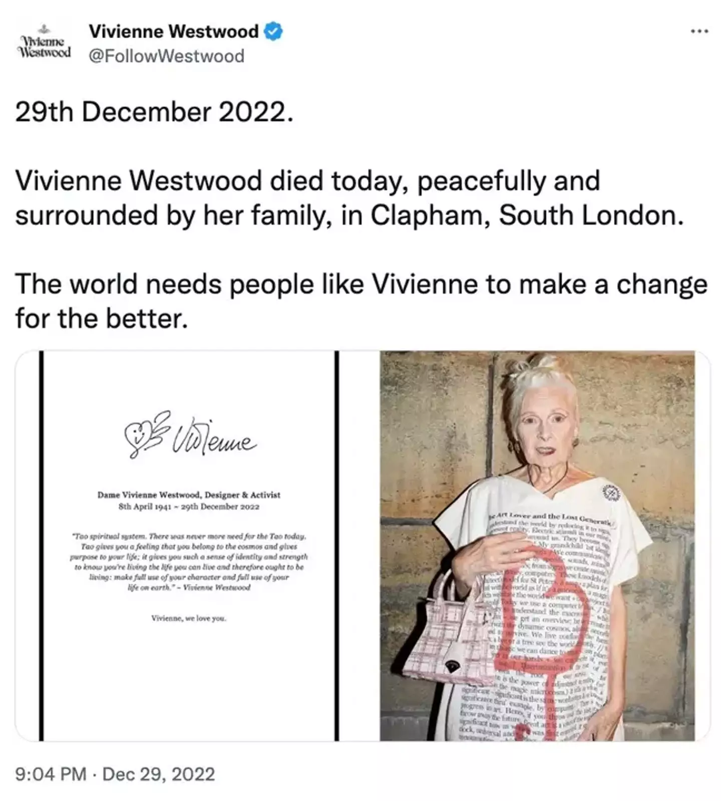 Vivienne Westwood died aged 81.