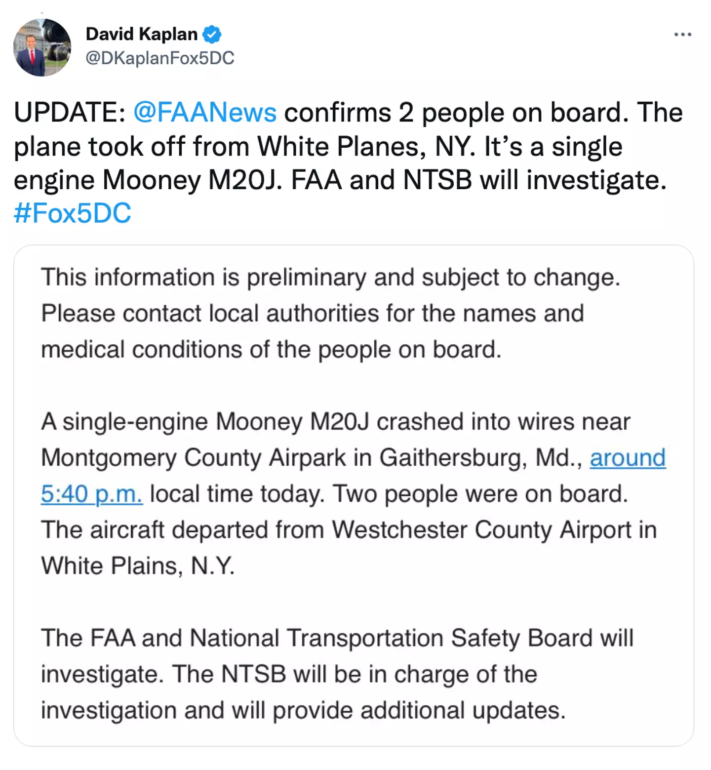 The FAA confirmed the crash in a statement.