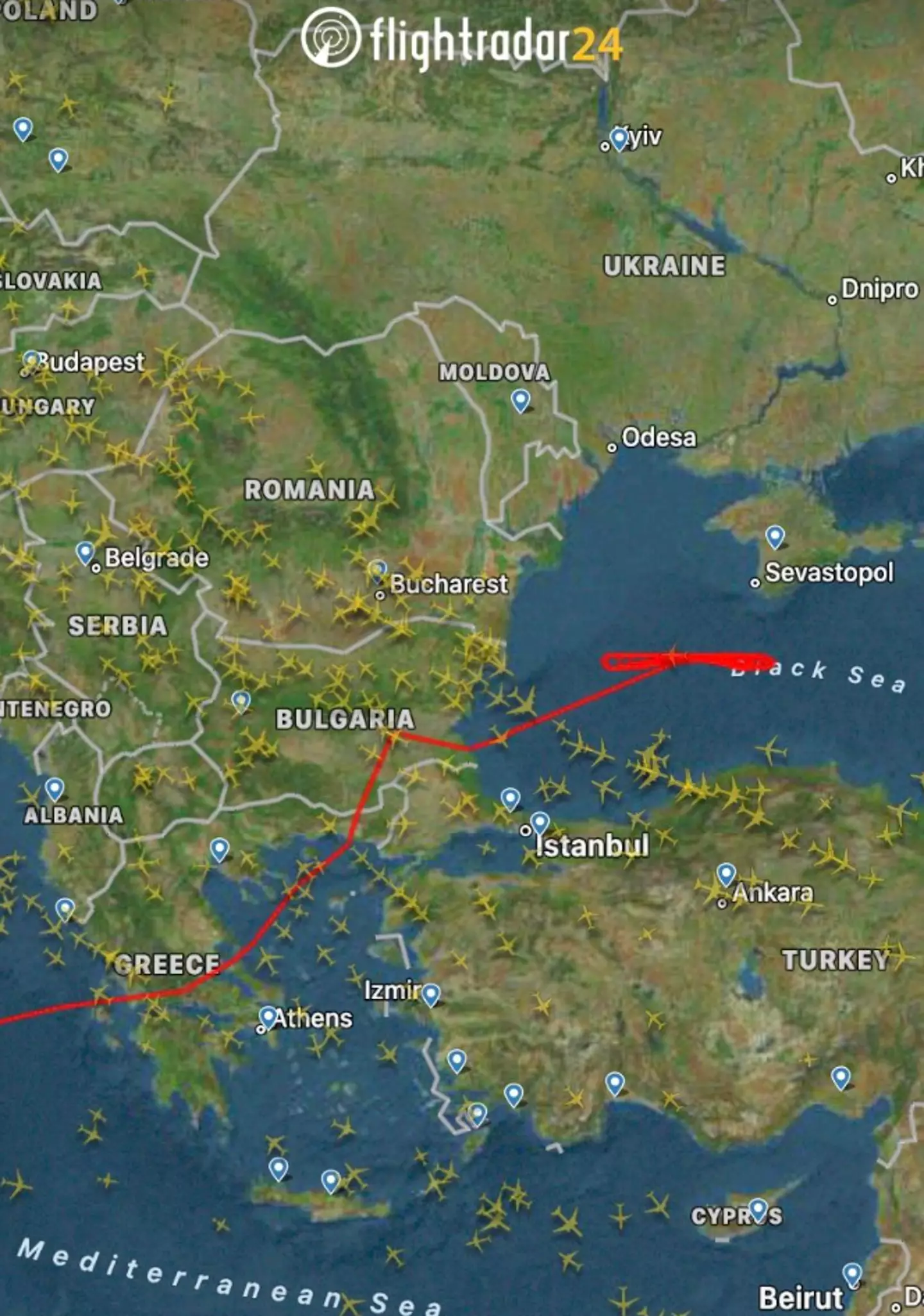 The flight path heads from Sicily over to the Black Sea.