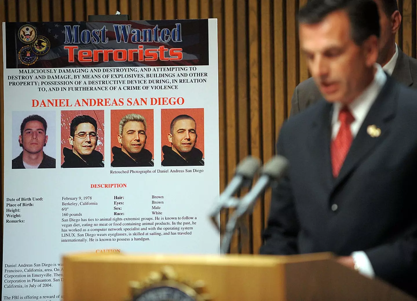 The FBI announce in 2009 that the 'extreme animal rights activist' Daniel Andreas San Diego has been added to its most wanted list (MANDEL NGAN/AFP via Getty Images)