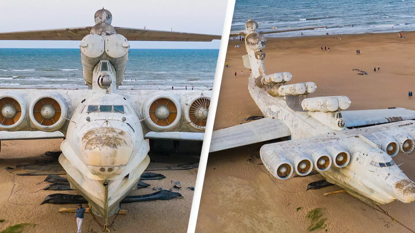 One of world's most unusual planes bigger than Boeing 747 is abandoned on beach