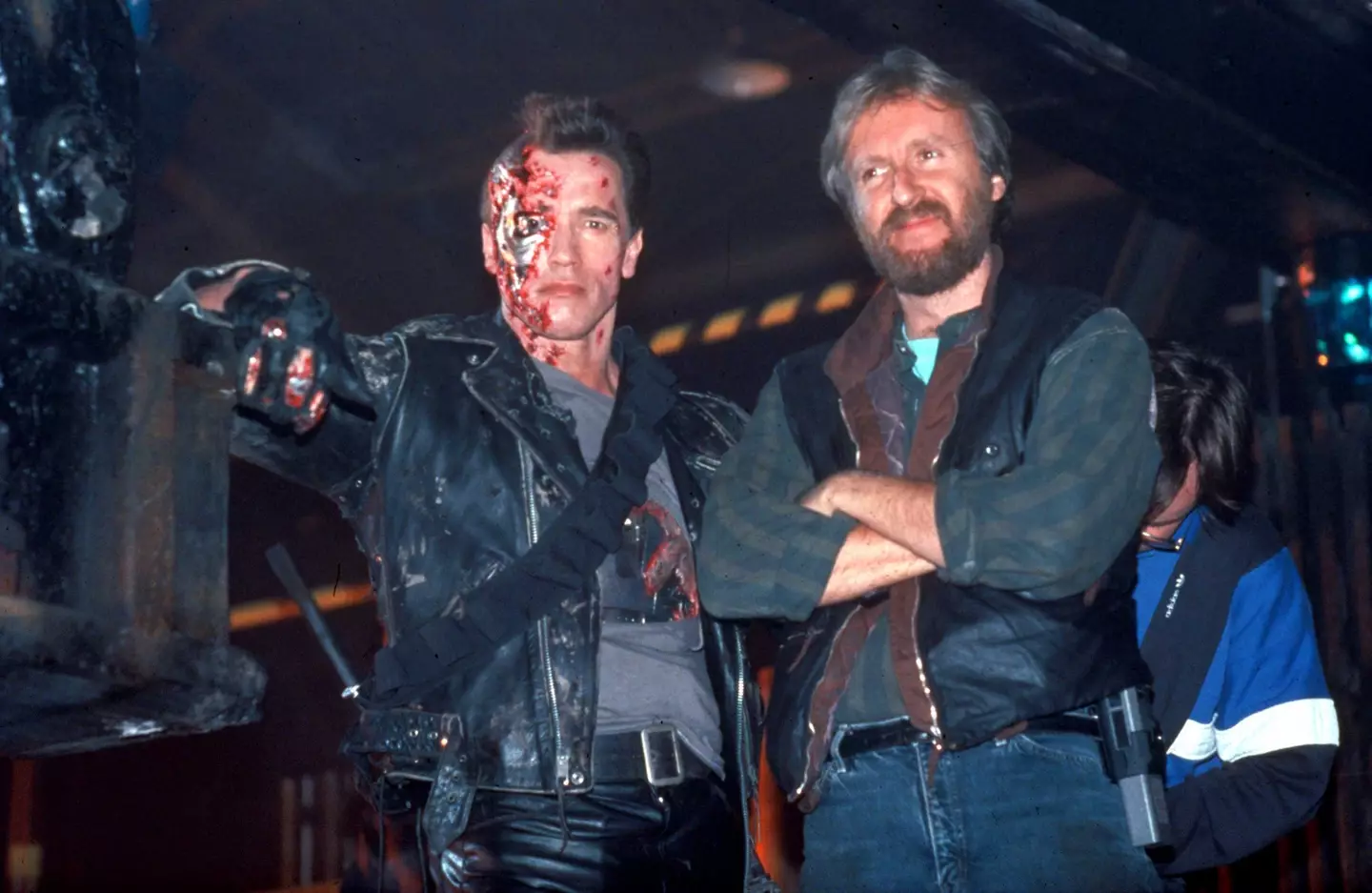 Cameron and Arnie on the set of the second Terminator film. Moviestore Collection Ltd/Alamy Stock Photo