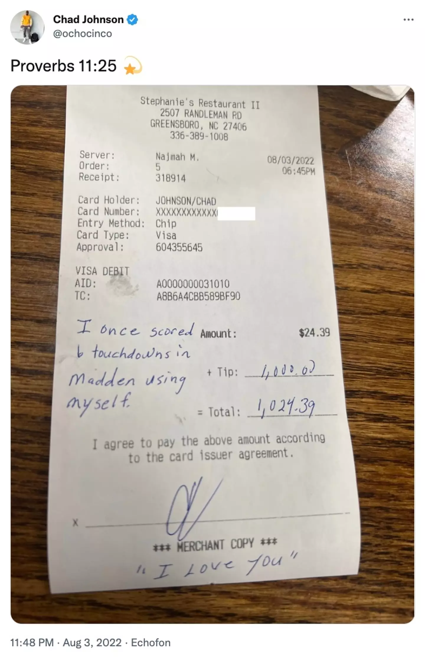 This isn't the first time Johnson's left a generous tip.