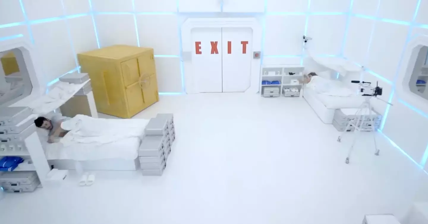 The room is fitted with all the essentials, a private bathroom, food, but is hardly somewhere you would call home. (MrBeast/YouTube)