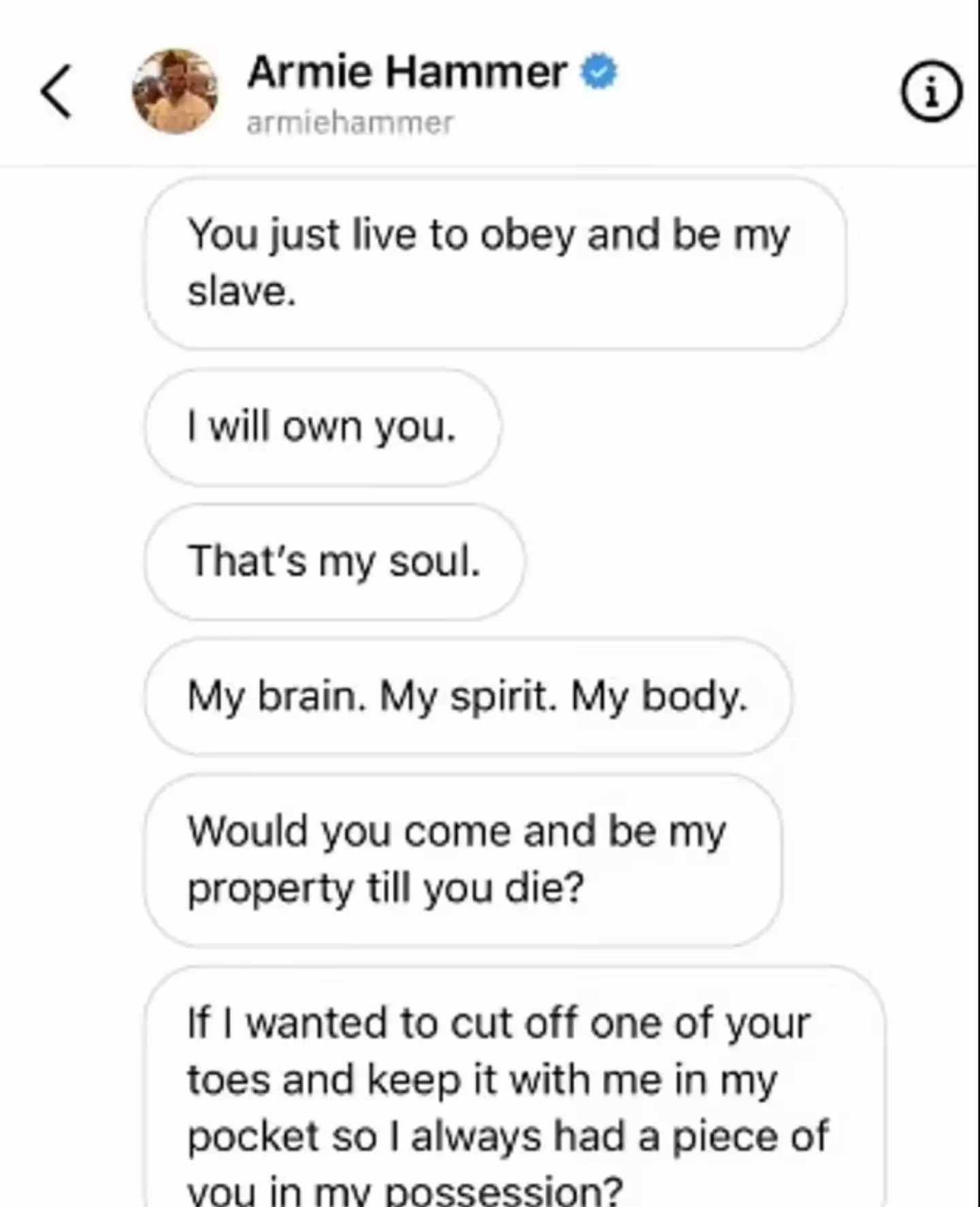 A series of texts Hammer allegedly sent to one of his accusers, which was shared last year.