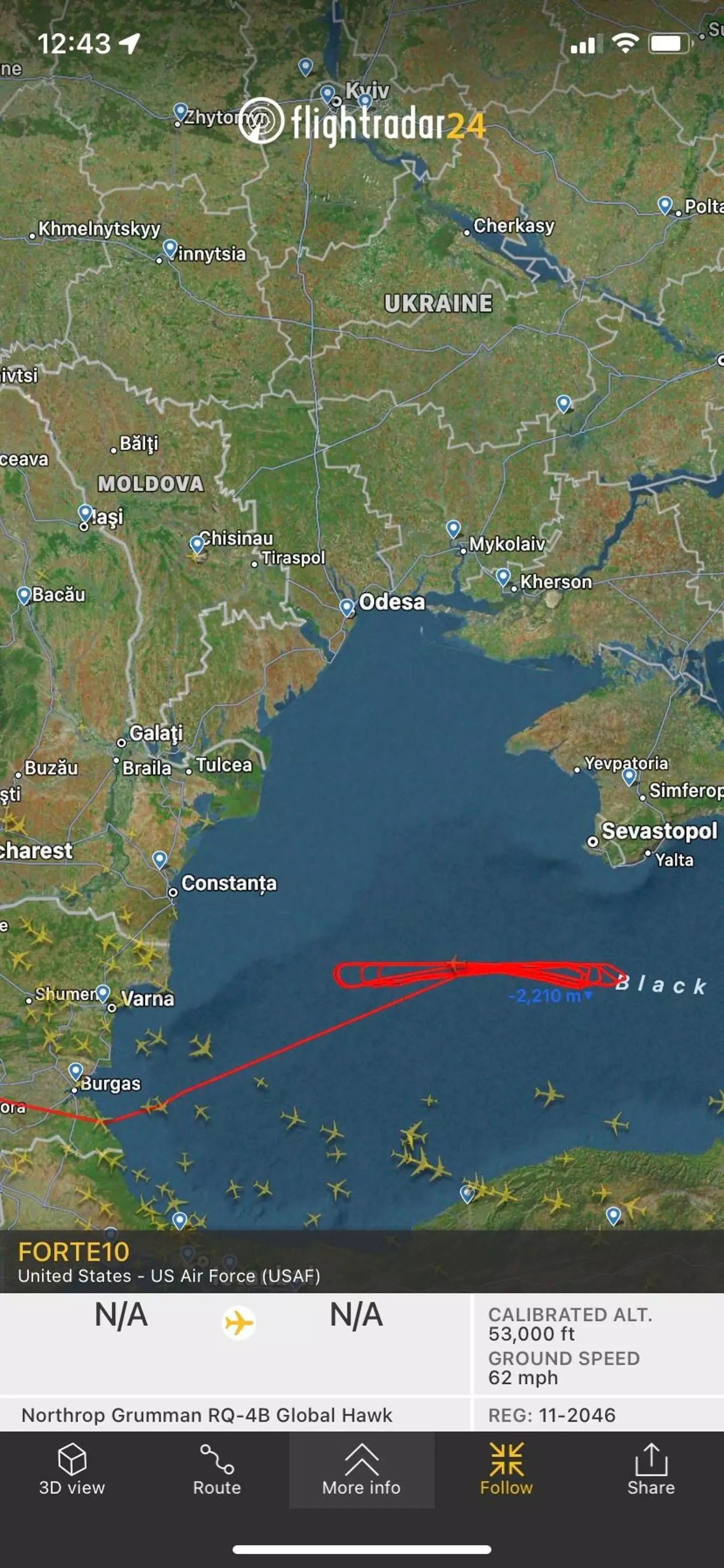 The flight path shows the aircraft as hovering by Ukraine for hours.