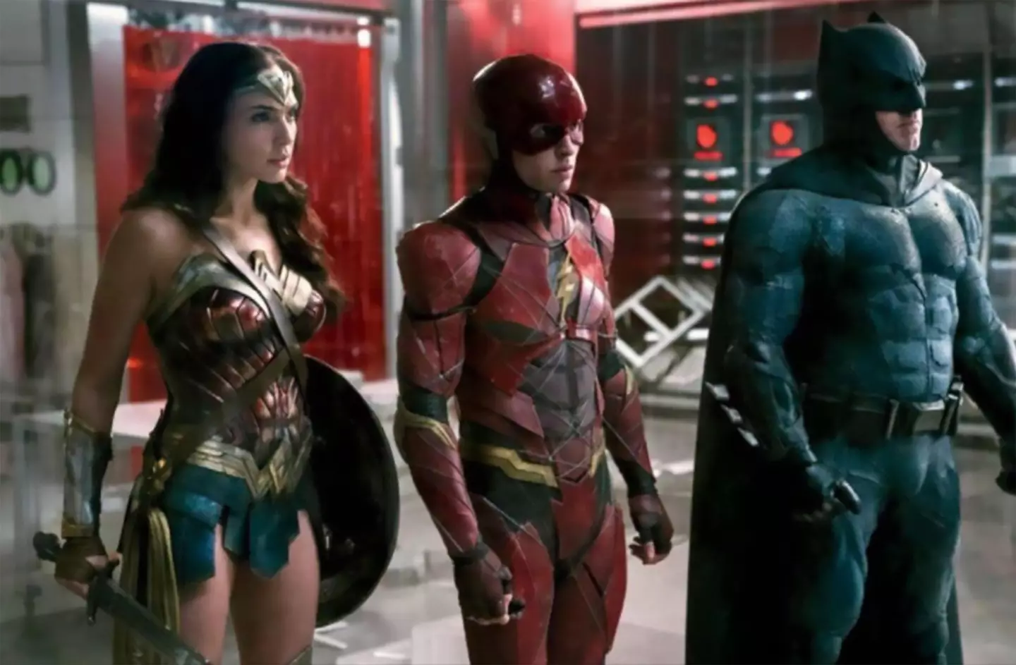 Miller alongside Ben Affleck and Gal Gadot in Justice League, 2017.
