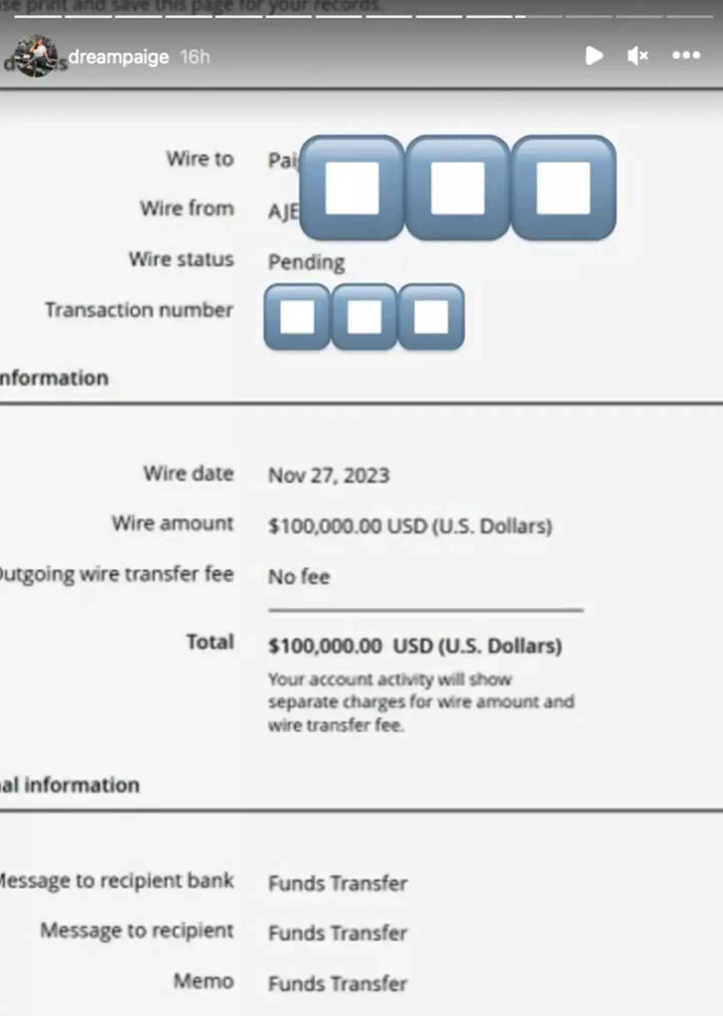 The model claims Edwards sent her $100,000.