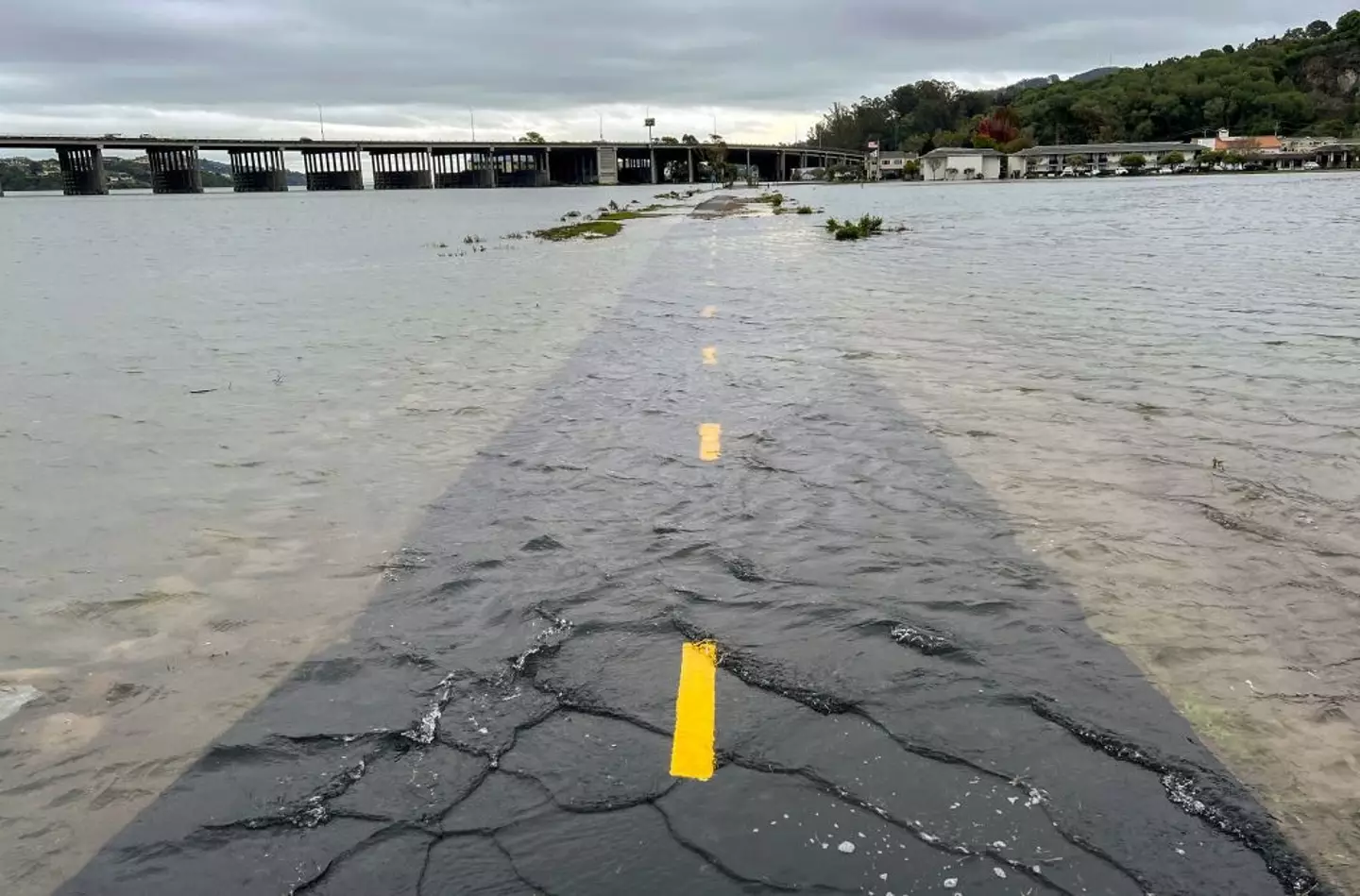 A bike path is seen covered in ocean water during the 'King Tide' in Mill Valley, California in 2022. 'King Tides' occur when the Earth, moon, and sun align in orbit to produce unusually high water levels (JOSH EDELSON/AFP via Getty Images)