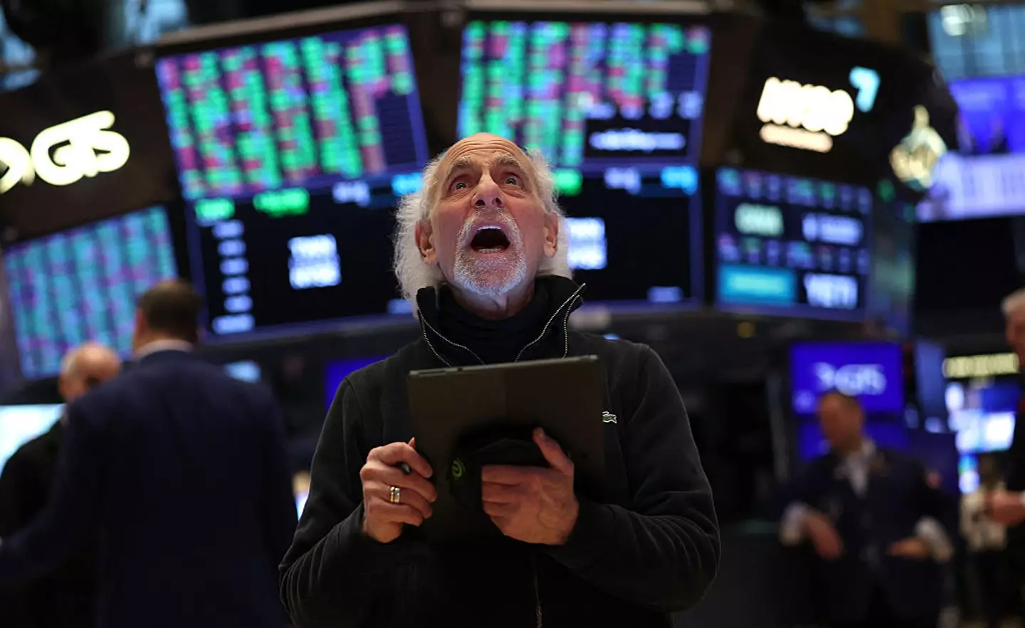 Trader Peter Michael Tuchman reacts as he works on the floor of the New York Stock Exchange at the closing bell (TIMOTHY A. CLARY/AFP via Getty Images)
