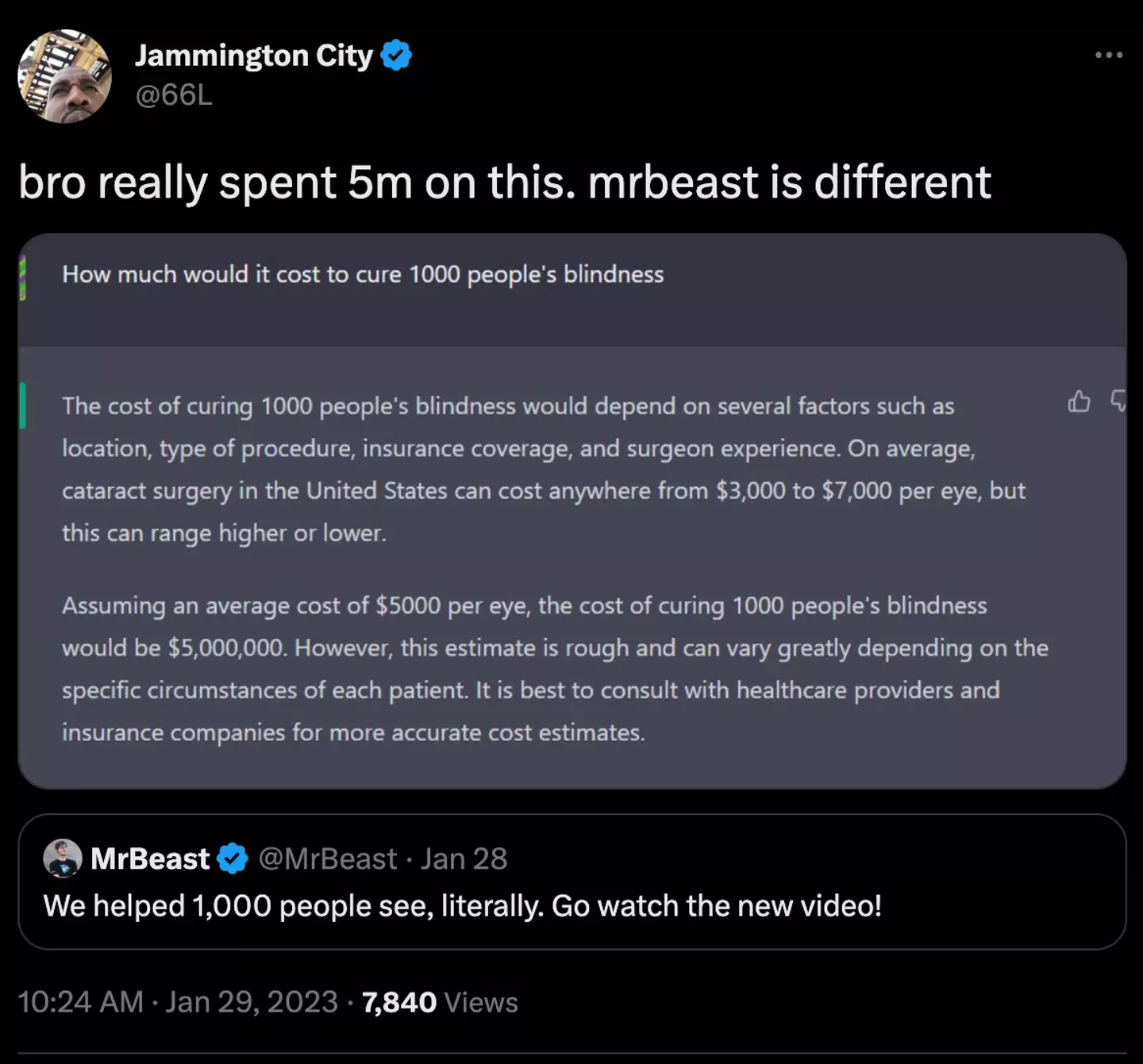 MrBeast likely spent around $5 million giving 1,000 people their sight.