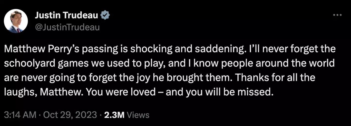 Trudeau paid tribute to the late actor on X.