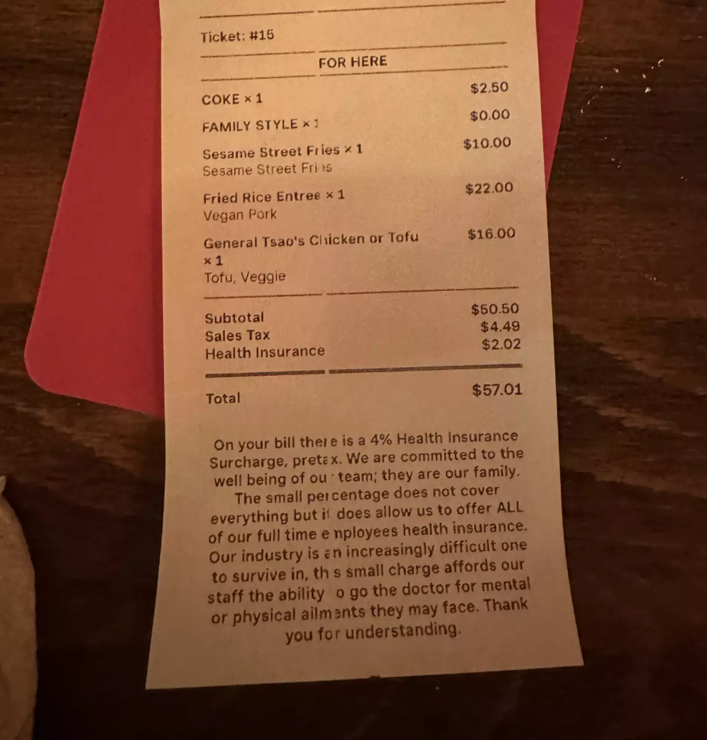 The bill came with a 'Health Insurance' fee added.