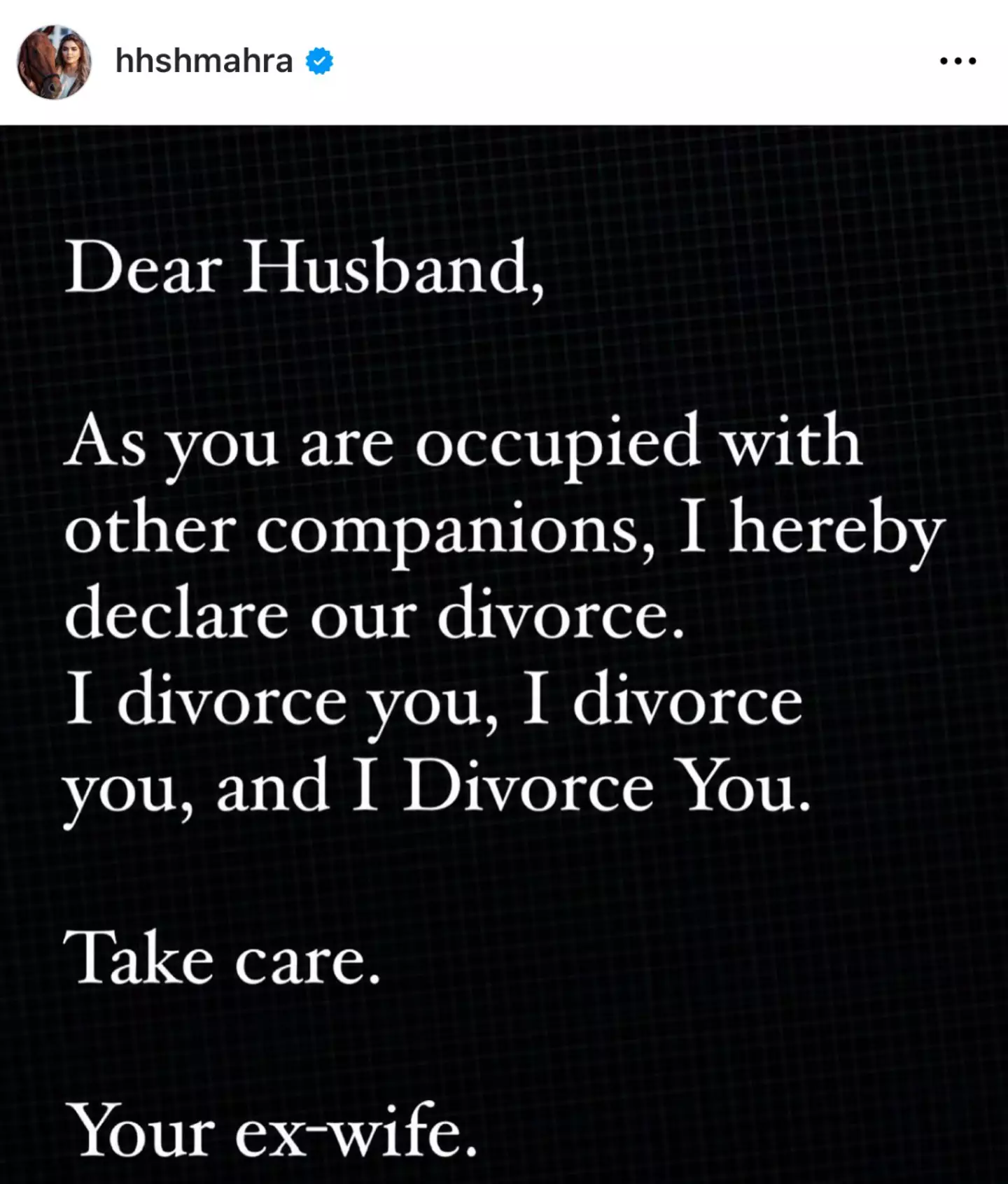 Sheikha Mahra bint Mohammed bin Rashid Al Maktoum made her intentions to divorce clear. (Instagram/@hhshmahra)